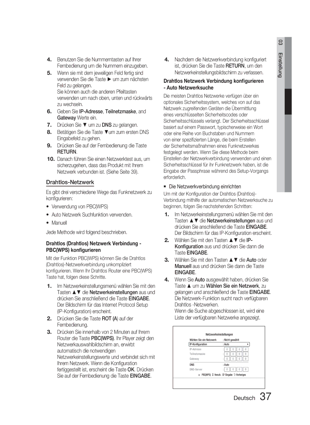 Samsung HT-C5800/XEF, HT-C5800/EDC manual Drahtlos-Netzwerk, Return,  Die Netzwerkverbindung einrichten 