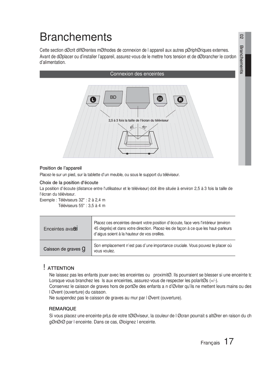 Samsung HT-C5800/XEF, HT-C5800/EDC manual Branchements, Connexion des enceintes, Enceintes avant ei Caisson de graves g 