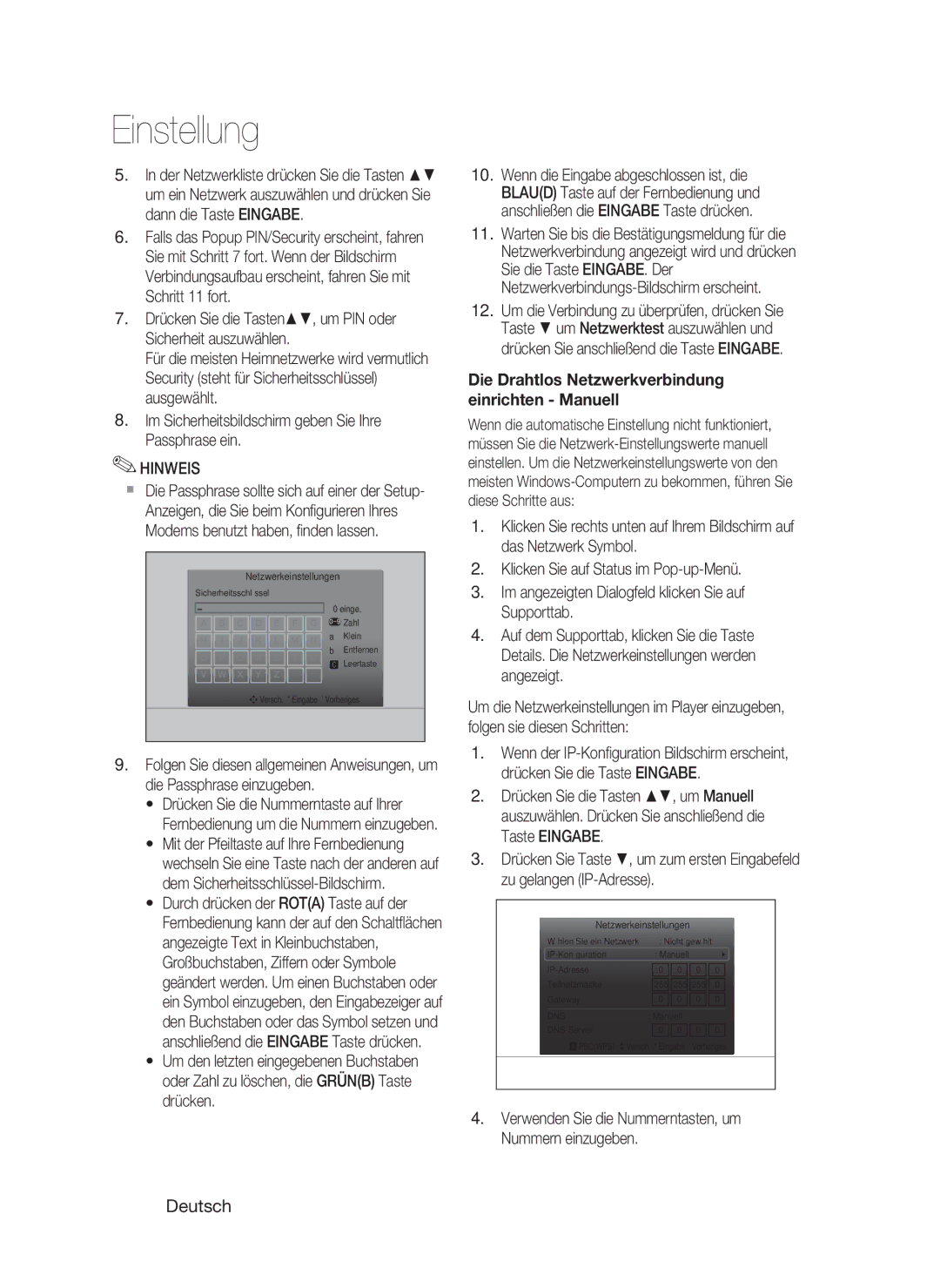 Samsung HT-C5800/EDC, HT-C5800/XEF manual Die Drahtlos Netzwerkverbindung einrichten Manuell 