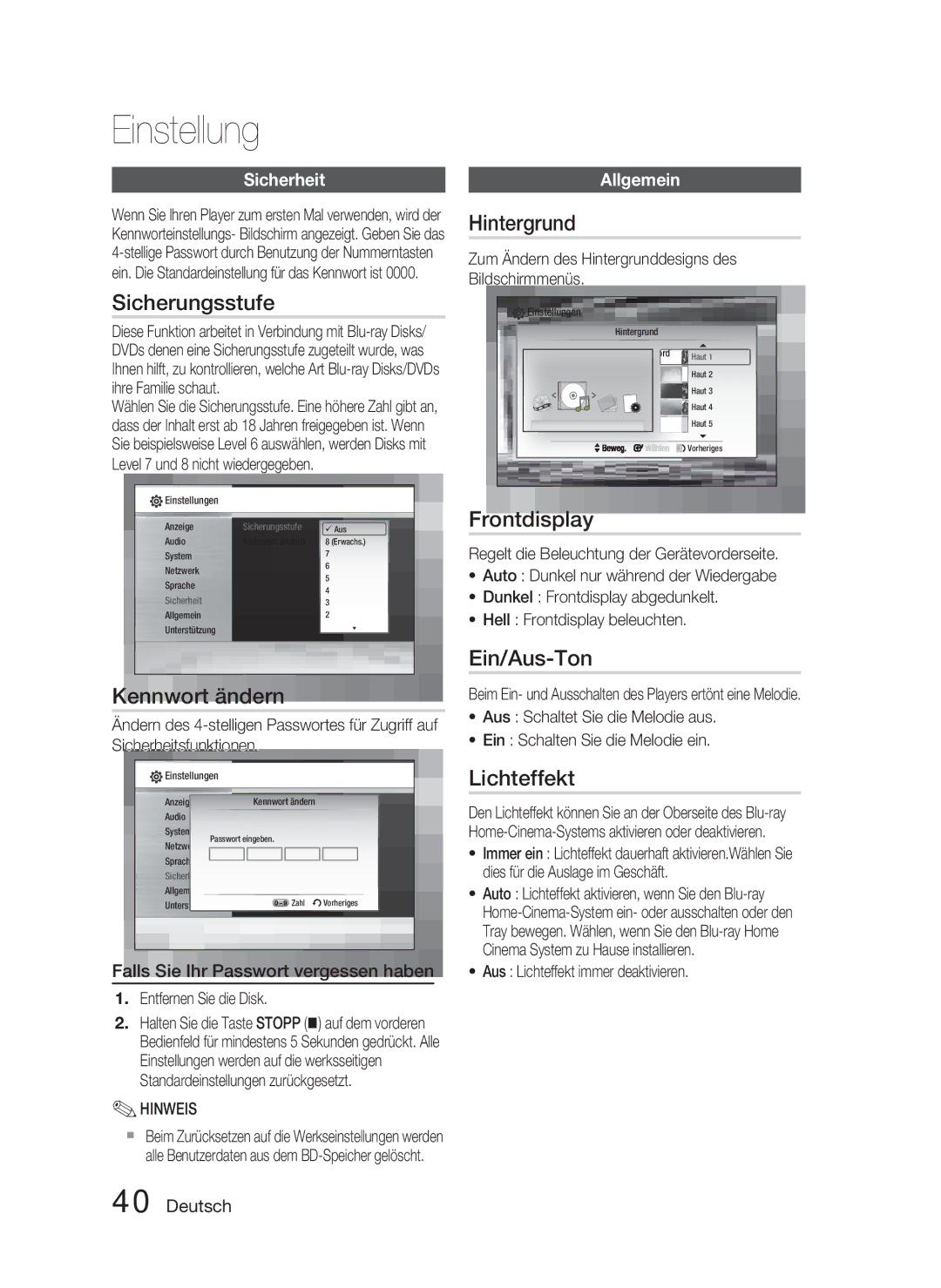 Samsung HT-C5800/EDC, HT-C5800/XEF Sicherungsstufe, Kennwort ändern, Hintergrund, Frontdisplay, Ein/Aus-Ton, Lichteffekt 