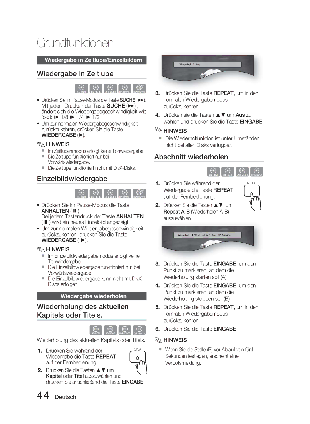 Samsung HT-C5800/EDC manual Wiedergabe in Zeitlupe, Einzelbildwiedergabe, Wiederholung des aktuellen Kapitels oder Titels 