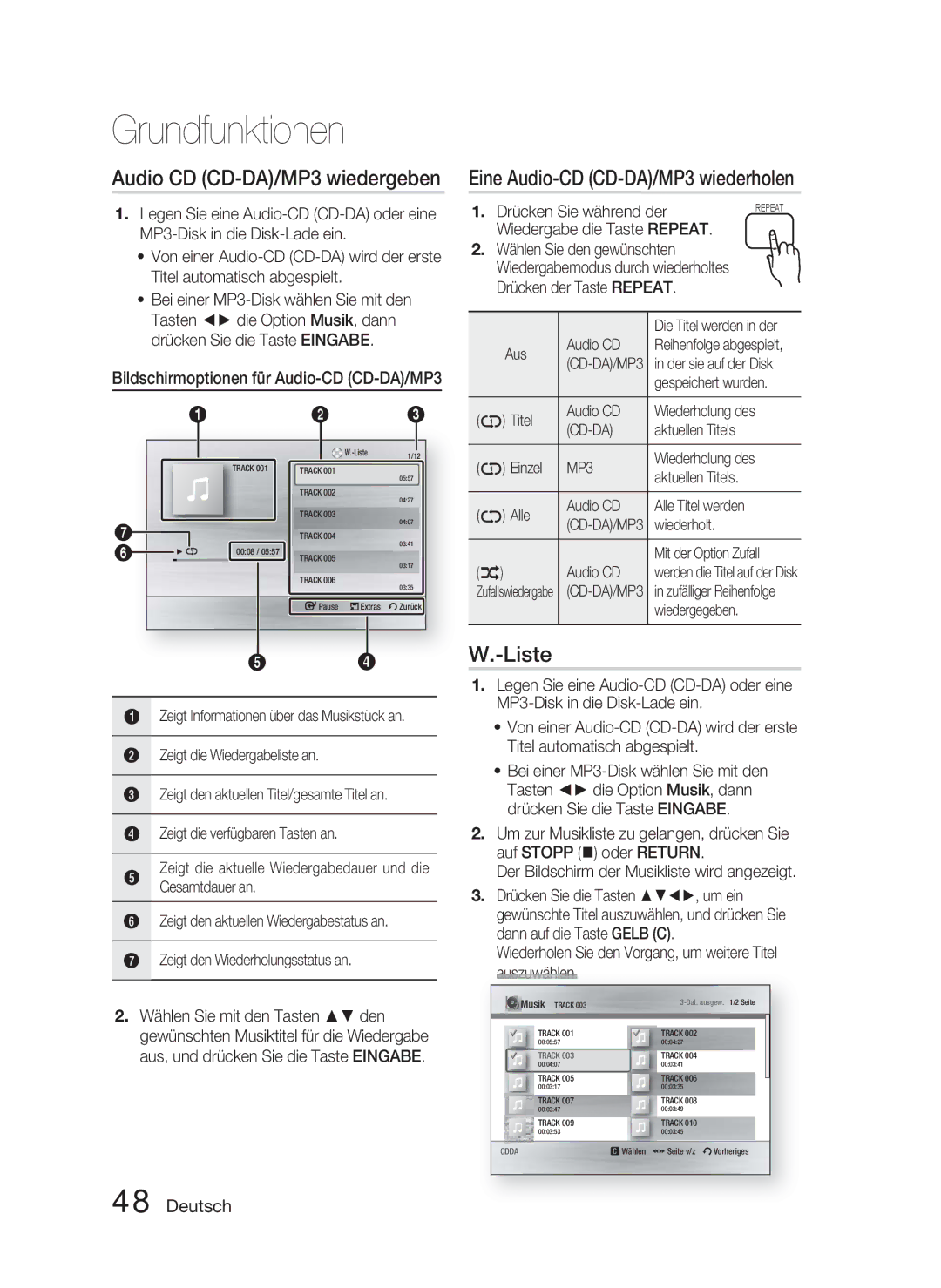 Samsung HT-C5800/EDC, HT-C5800/XEF manual Eine Audio-CD CD-DA/MP3 wiederholen, Liste 