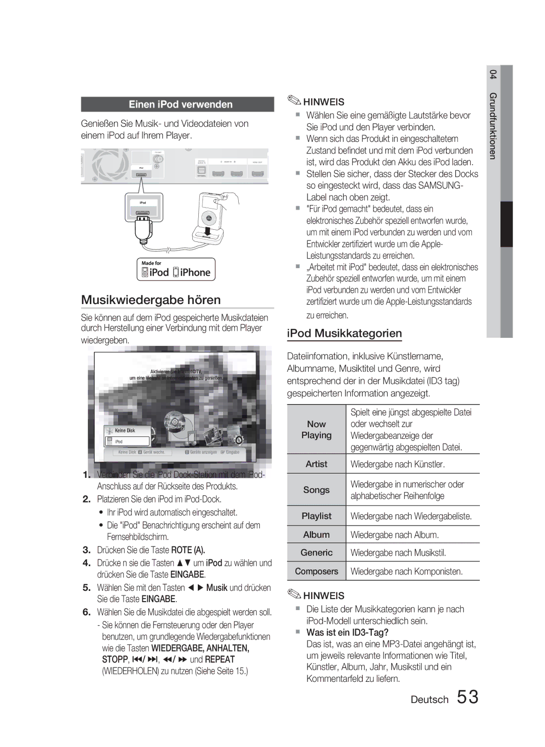 Samsung HT-C5800/XEF, HT-C5800/EDC manual Musikwiedergabe hören, IPod Musikkategorien, Einen iPod verwenden 