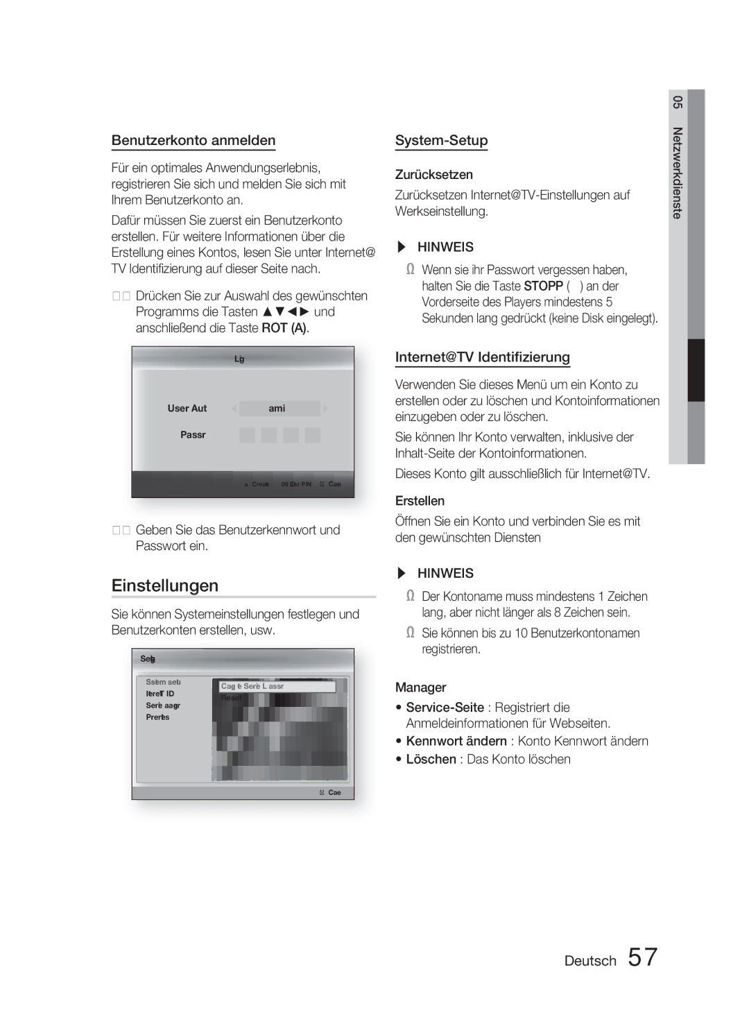 Samsung HT-C5800/XEF, HT-C5800/EDC manual Einstellungen, Benutzerkonto anmelden, System-Setup, Internet@TV Identiﬁzierung 