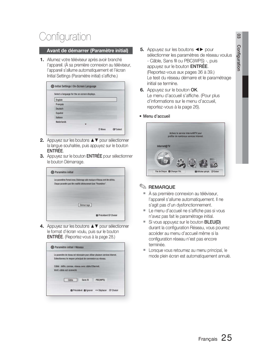 Samsung HT-C5800/XEF, HT-C5800/EDC Conﬁguration, Avant de démarrer Paramètre initial, Entrée, Appuyez sur les boutons pour 