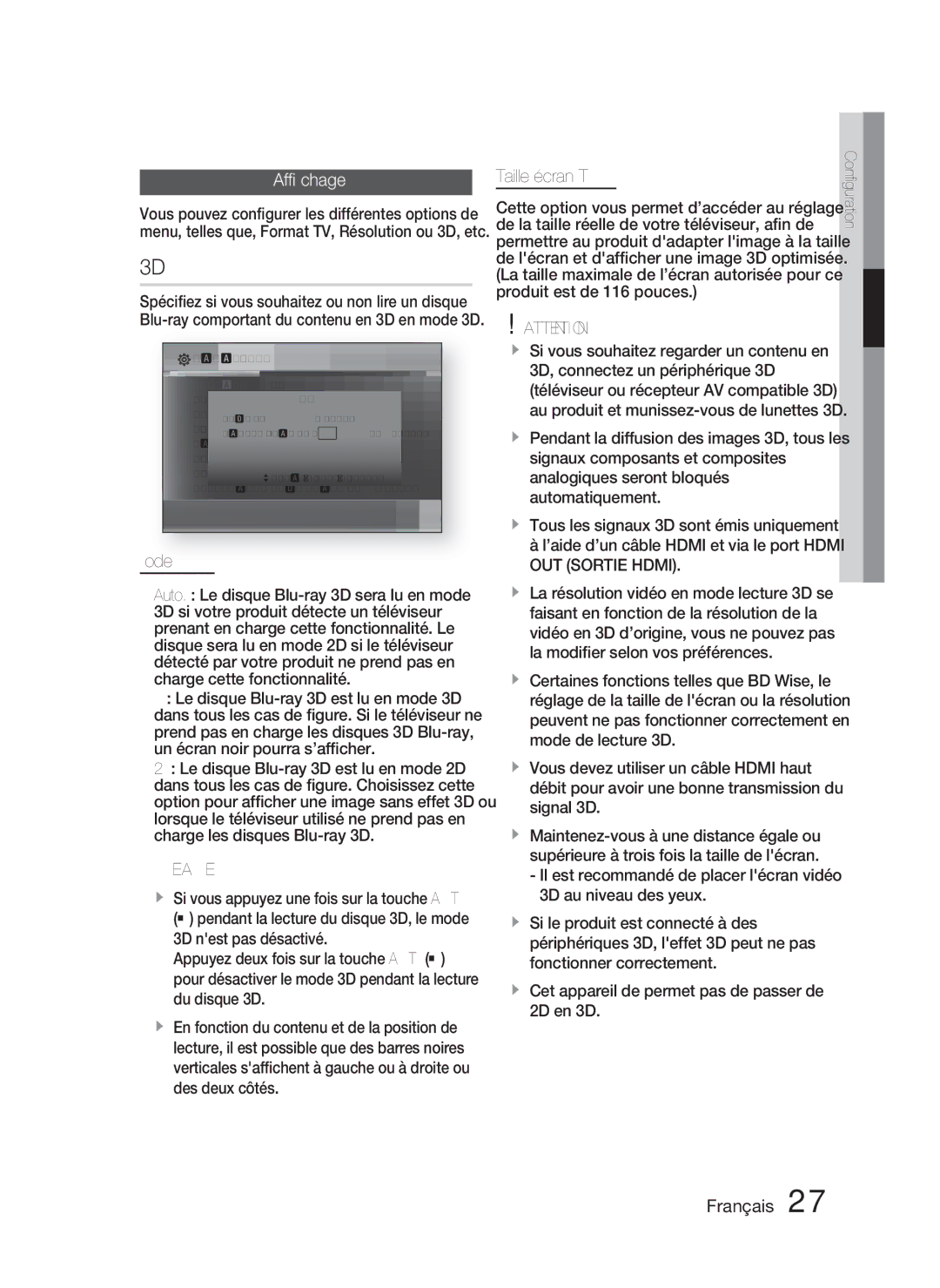 Samsung HT-C5800/XEF, HT-C5800/EDC manual Afﬁchage, Mode 3D, Taille écran TV 