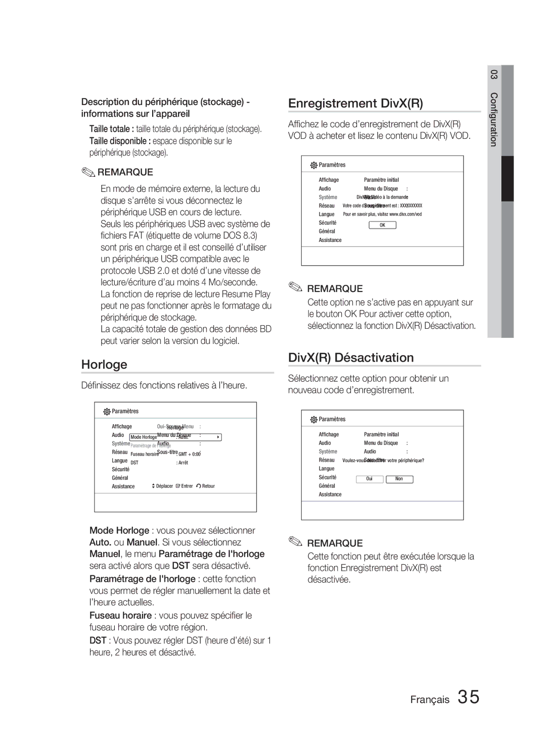 Samsung HT-C5800/XEF manual Horloge, Enregistrement DivXR, DivXR Désactivation, Déﬁnissez des fonctions relatives à l’heure 