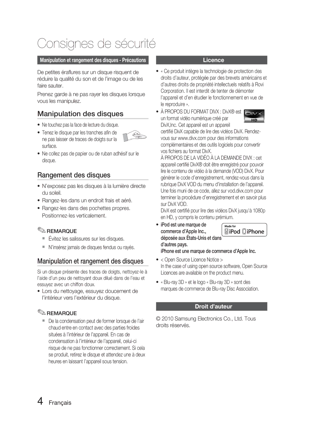 Samsung HT-C5800/EDC manual Manipulation des disques, Rangement des disques, Manipulation et rangement des disques, Licence 