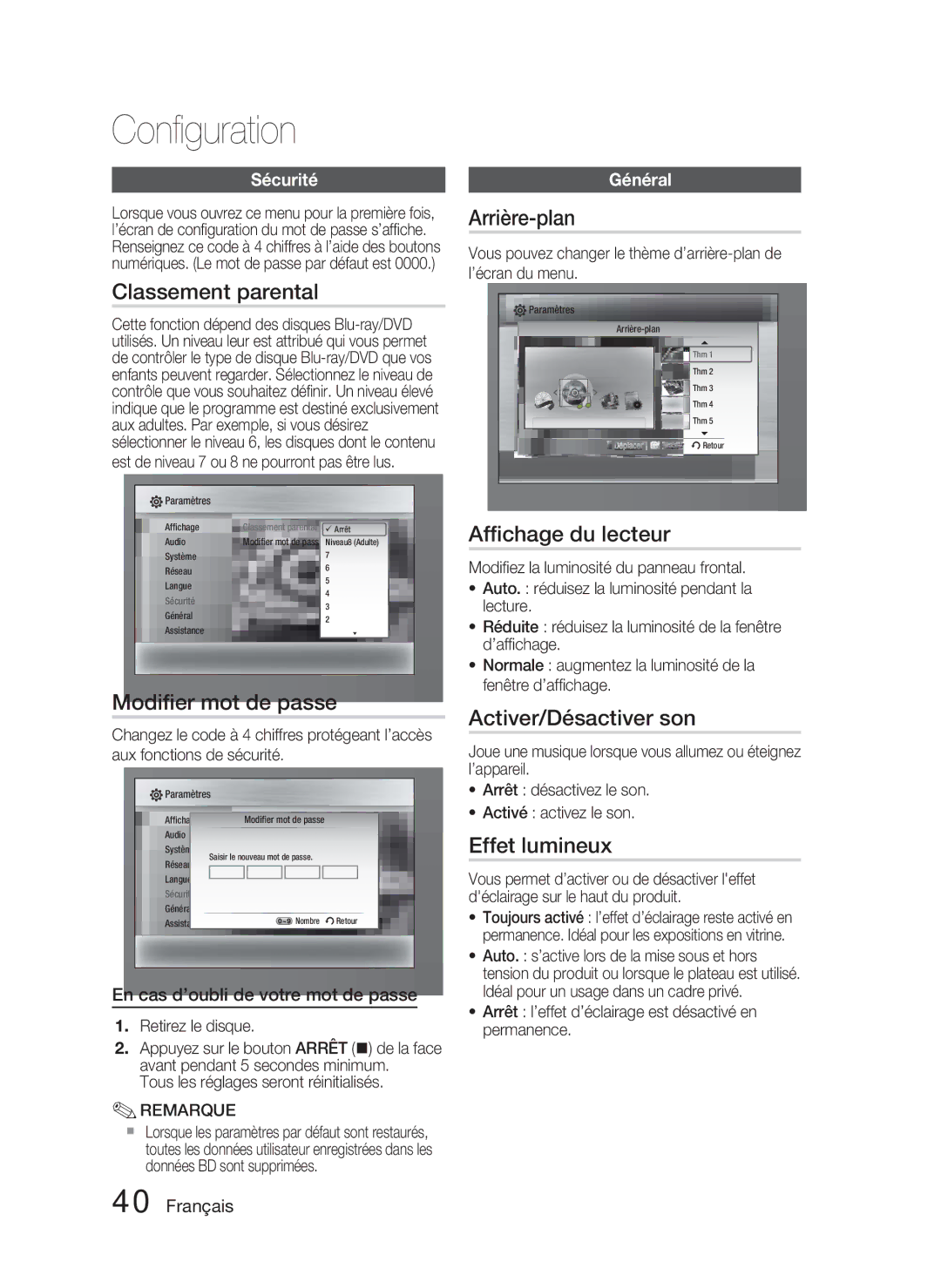 Samsung HT-C5800/EDC Classement parental, Modiﬁer mot de passe, Arrière-plan, Afﬁchage du lecteur, Activer/Désactiver son 