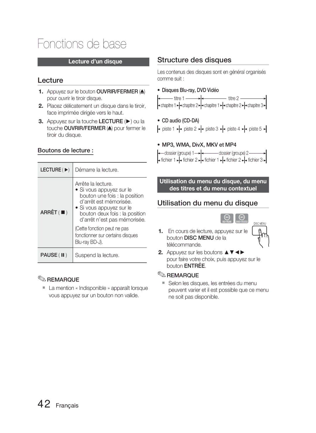 Samsung HT-C5800/EDC Fonctions de base, Structure des disques, Utilisation du menu du disque, Lecture d’un disque 