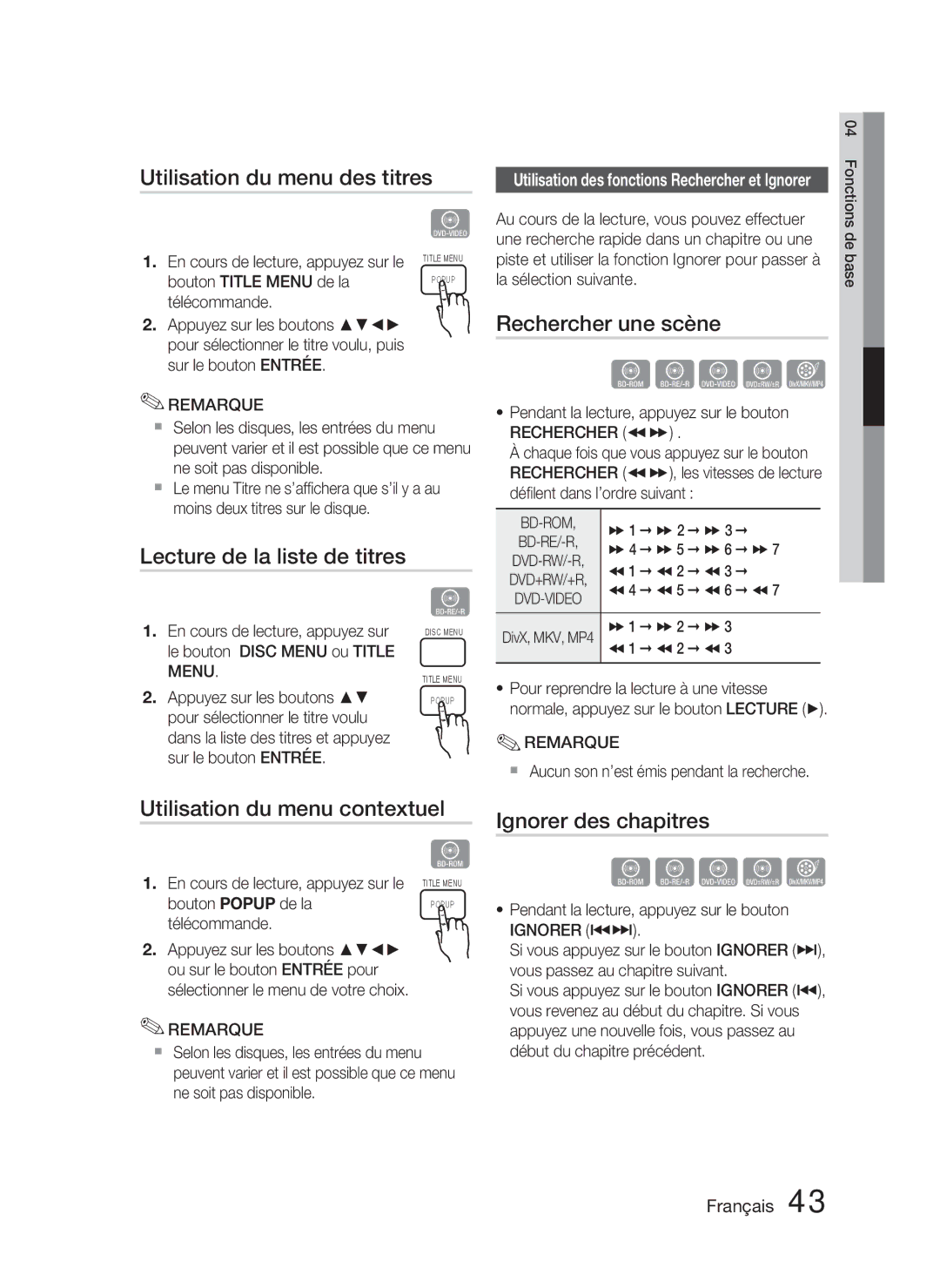 Samsung HT-C5800/XEF, HT-C5800/EDC Utilisation du menu des titres, Rechercher une scène, Lecture de la liste de titres 