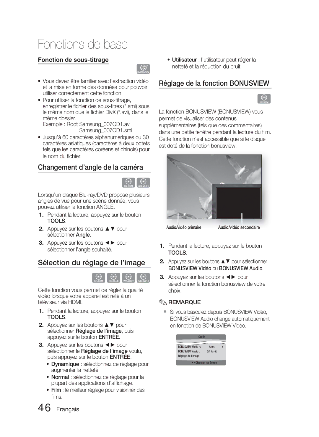 Samsung HT-C5800/EDC Changement d’angle de la caméra, Sélection du réglage de l’image, Réglage de la fonction Bonusview 