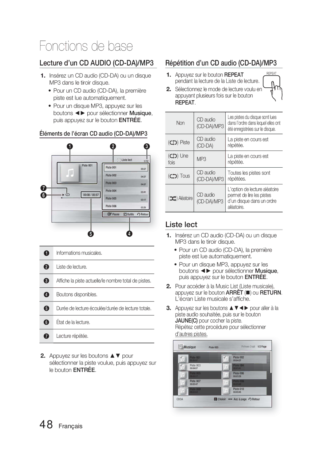 Samsung HT-C5800/EDC, HT-C5800/XEF manual Répétition d’un CD audio CD-DA/MP3, Liste lect, Repeat 