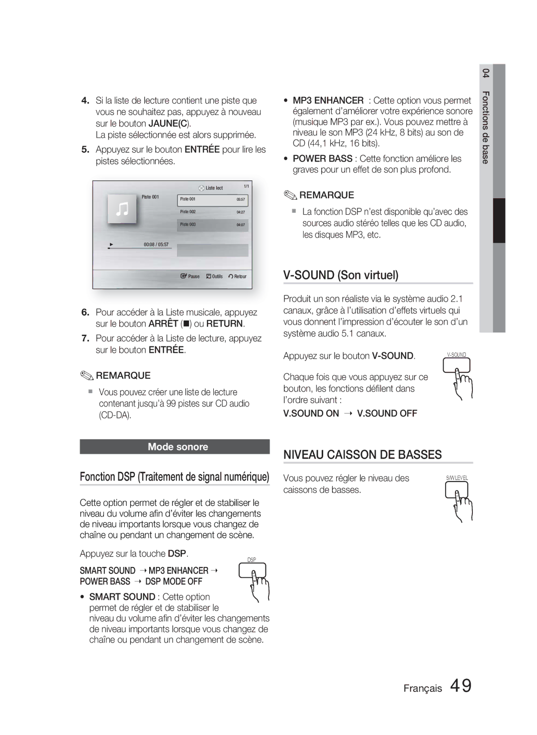 Samsung HT-C5800/XEF manual Sound Son virtuel, Mode sonore, Sound on Sound OFF, Smart Sound, Power Bass DSP Mode OFF 