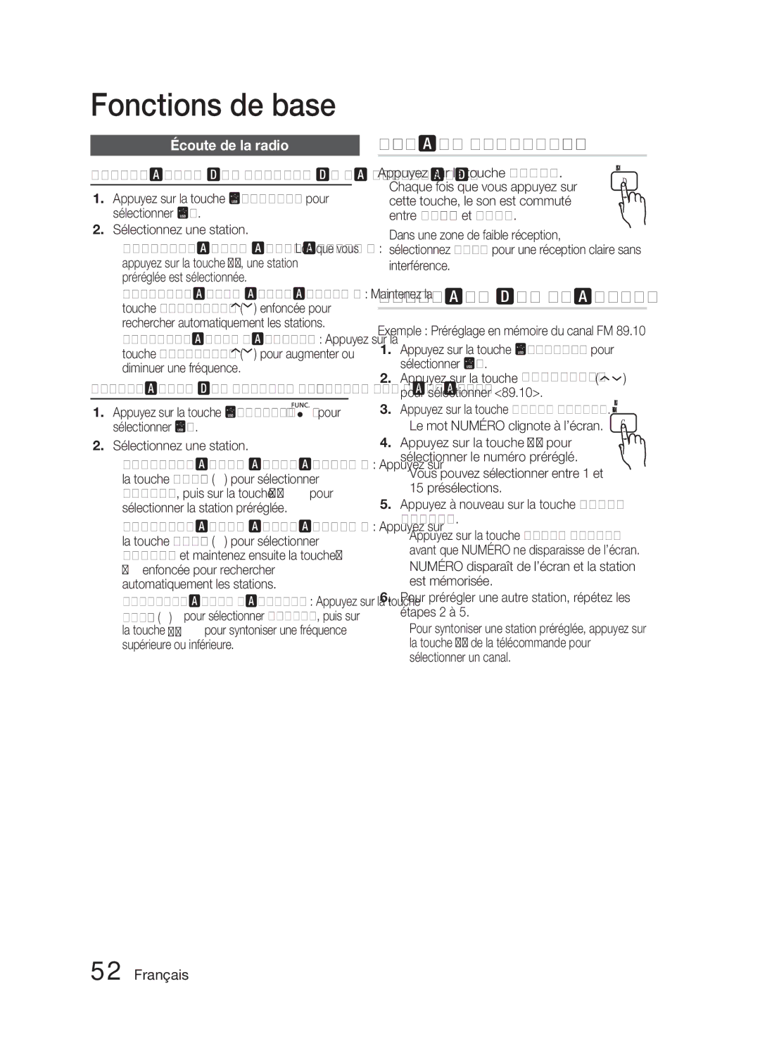 Samsung HT-C5800/EDC manual Réglage Mono/Stéréo, Préréglage des stations, Écoute de la radio, Appuyez sur la touche MO/ST 