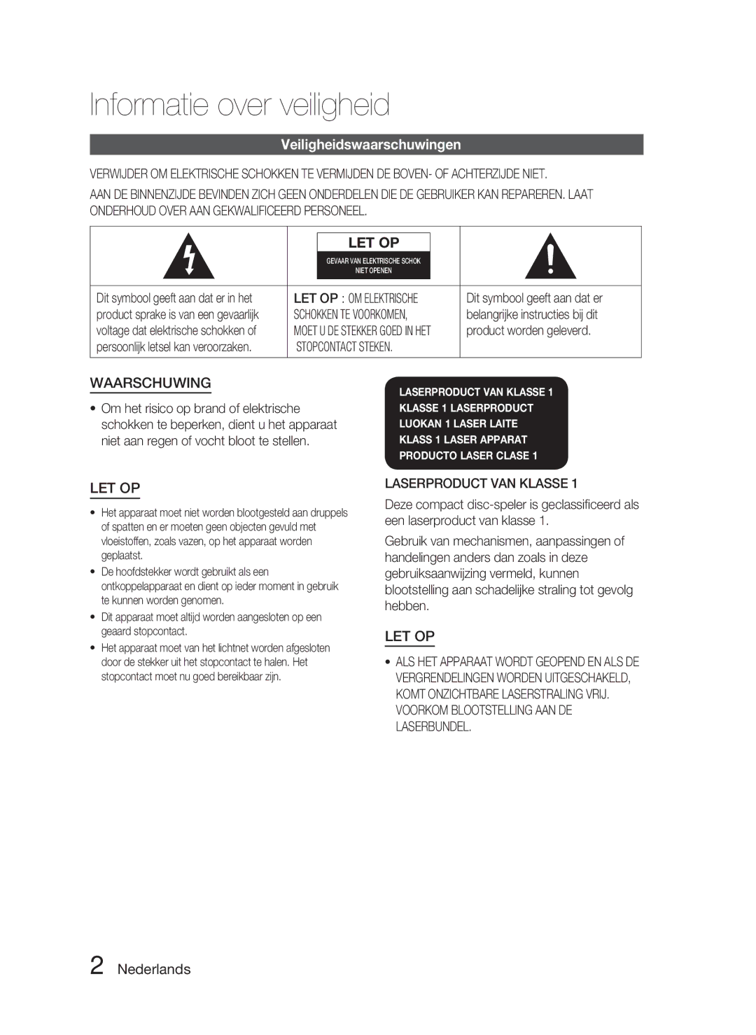 Samsung HT-C5800/EDC, HT-C5800/XEF manual Informatie over veiligheid, Veiligheidswaarschuwingen, Nederlands 