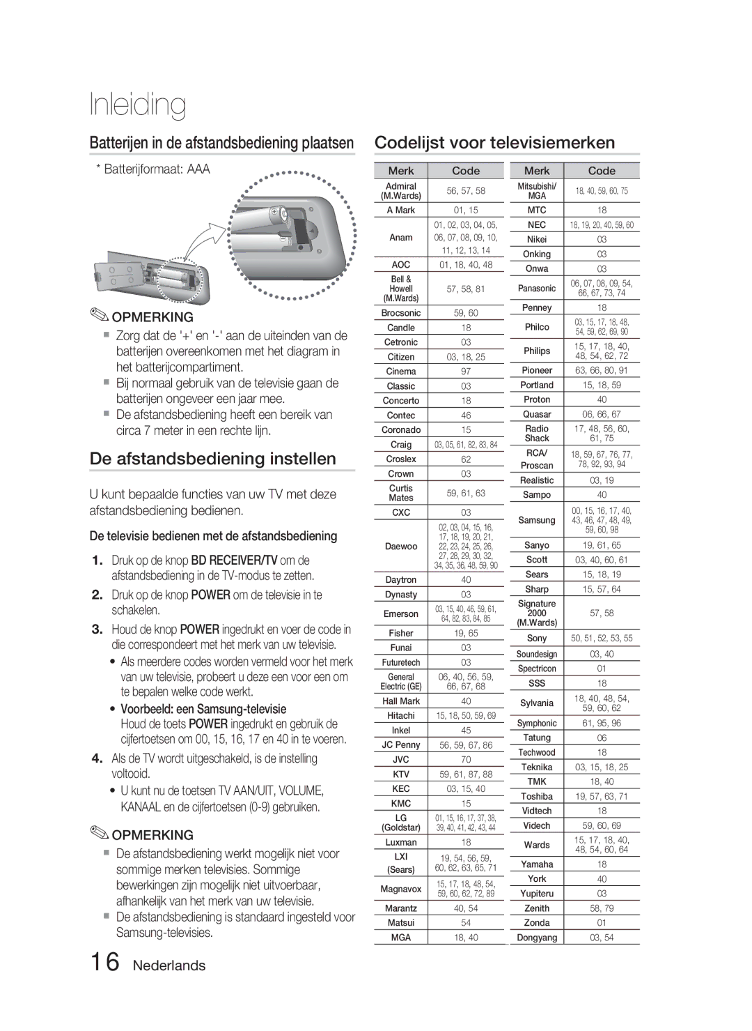 Samsung HT-C5800/EDC, HT-C5800/XEF manual Codelijst voor televisiemerken, De afstandsbediening instellen 