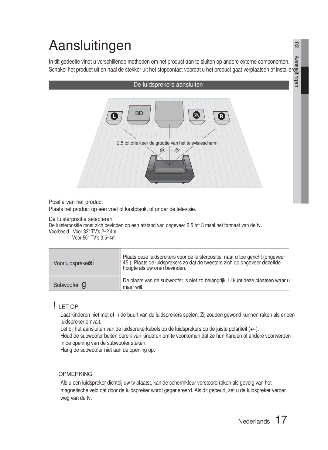 Samsung HT-C5800/XEF manual Aansluitingen, De luidsprekers aansluiten, Tot drie keer de grootte van het televisiescherm 