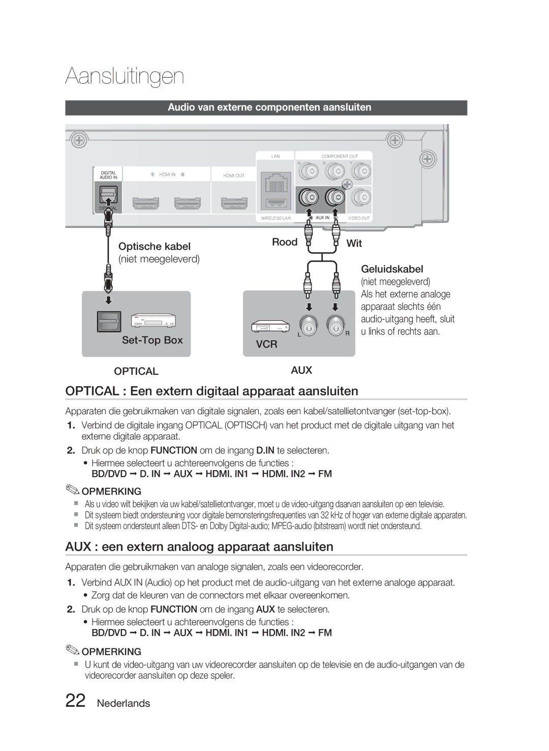 Samsung HT-C5800/EDC manual Optical Een extern digitaal apparaat aansluiten, AUX een extern analoog apparaat aansluiten 