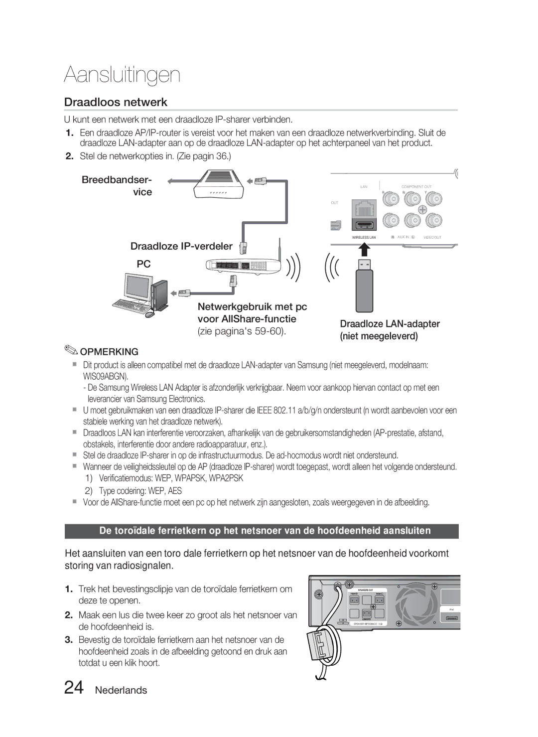 Samsung HT-C5800/EDC manual Kunt een netwerk met een draadloze IP-sharer verbinden, Stel de netwerkopties in. Zie pagin 