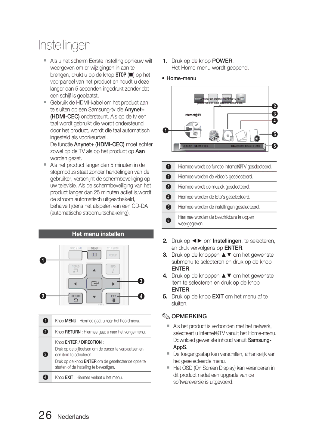 Samsung HT-C5800/EDC, HT-C5800/XEF manual Het menu instellen, Druk op de knop Power Het Home-menu wordt geopend, Enter 