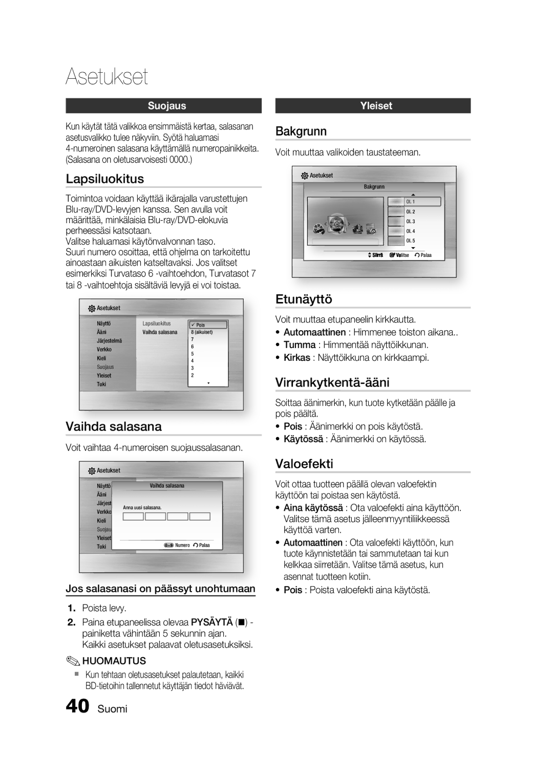 Samsung HT-C5800/XEE manual Lapsiluokitus, Vaihda salasana, Bakgrunn, Etunäyttö, Virrankytkentä-ääni, Valoefekti 