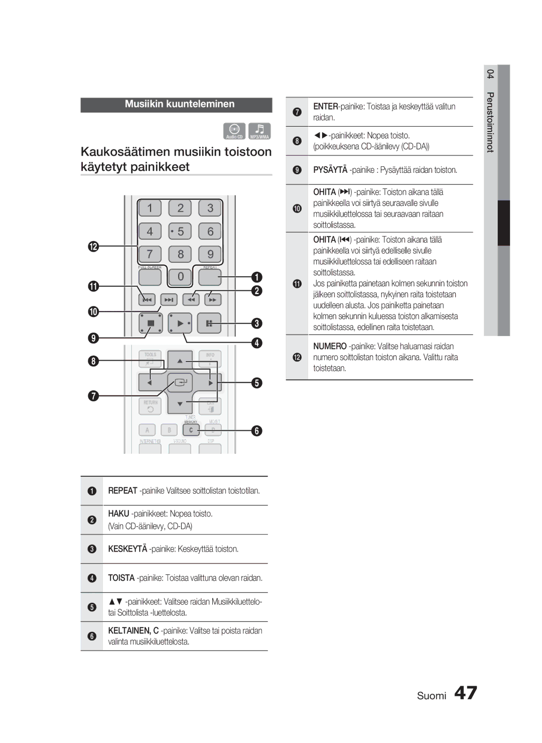 Samsung HT-C5800/XEE manual Kaukosäätimen musiikin toistoon käytetyt painikkeet, Musiikin kuunteleminen 