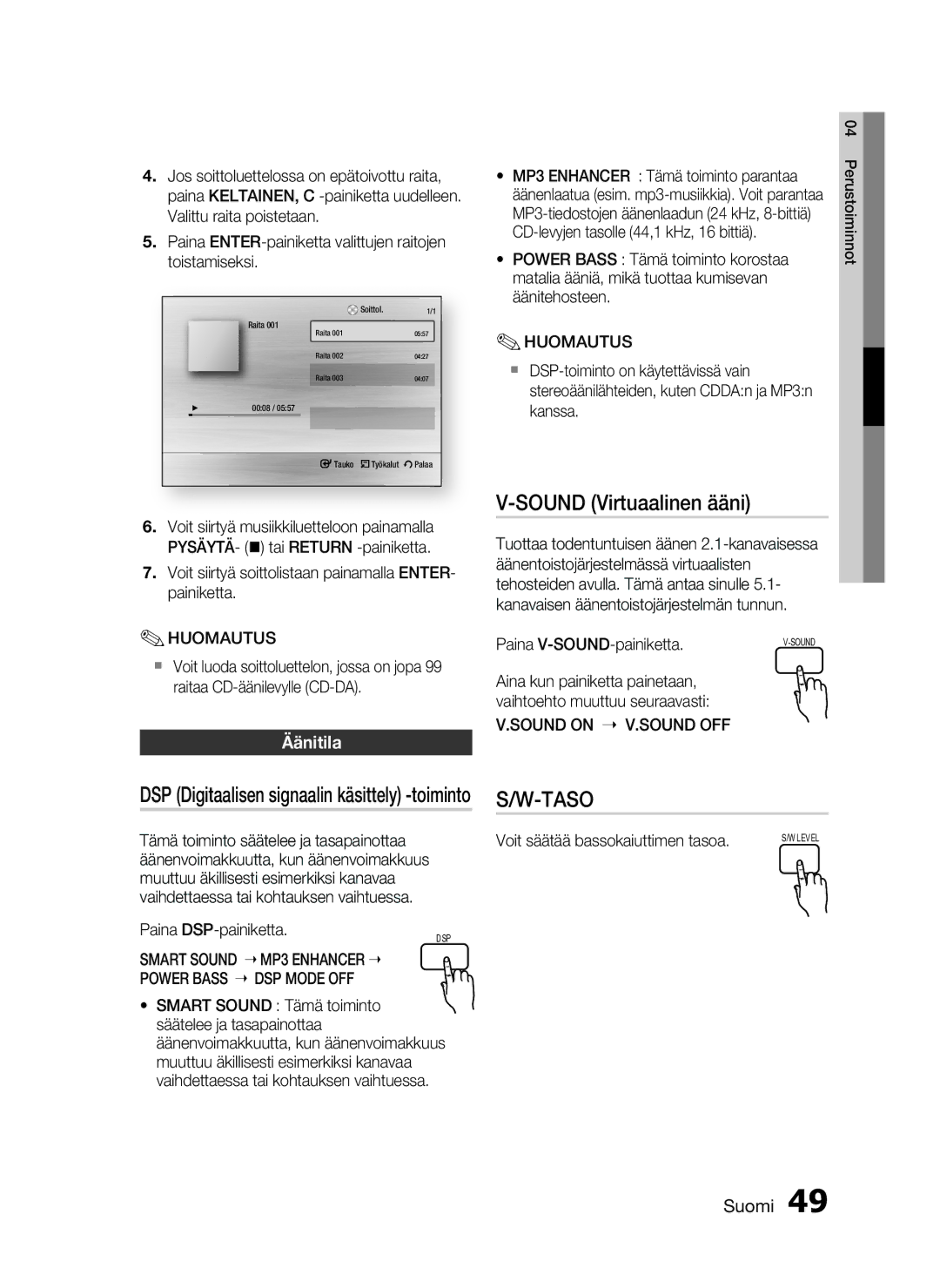 Samsung HT-C5800/XEE manual Sound Virtuaalinen ääni, DSP Digitaalisen signaalin käsittely -toiminto S/W-TASO, Äänitila 