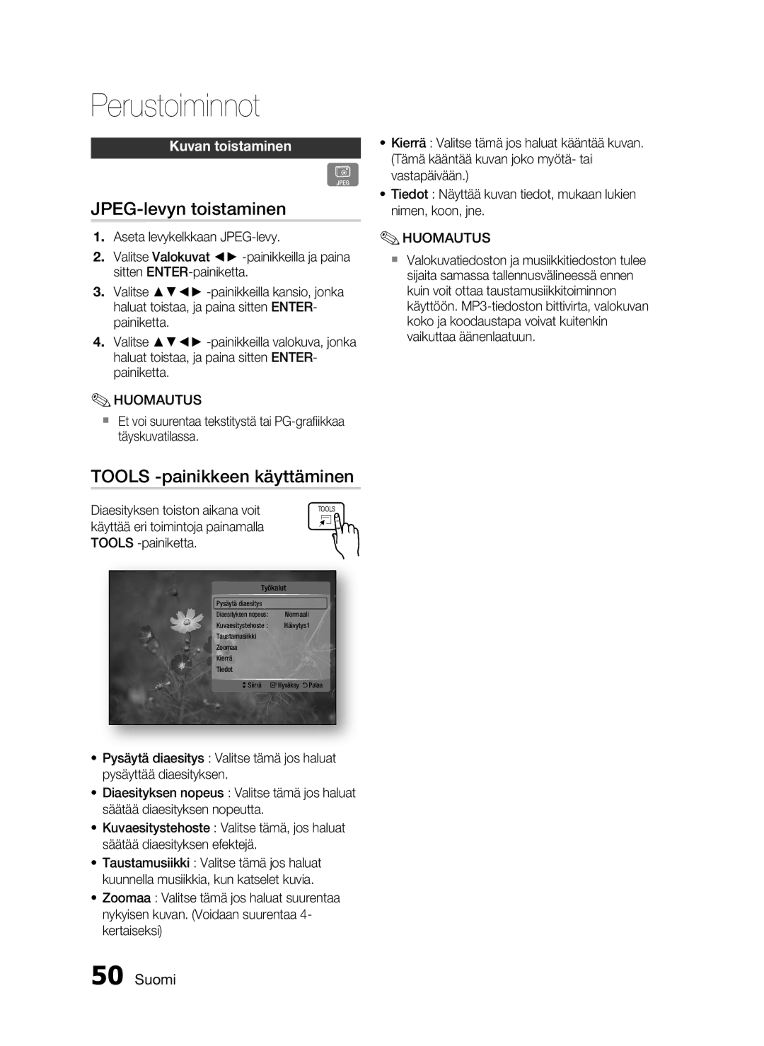 Samsung HT-C5800/XEE manual JPEG-levyn toistaminen, Tools -painikkeen käyttäminen, Kuvan toistaminen, Tools -painiketta 