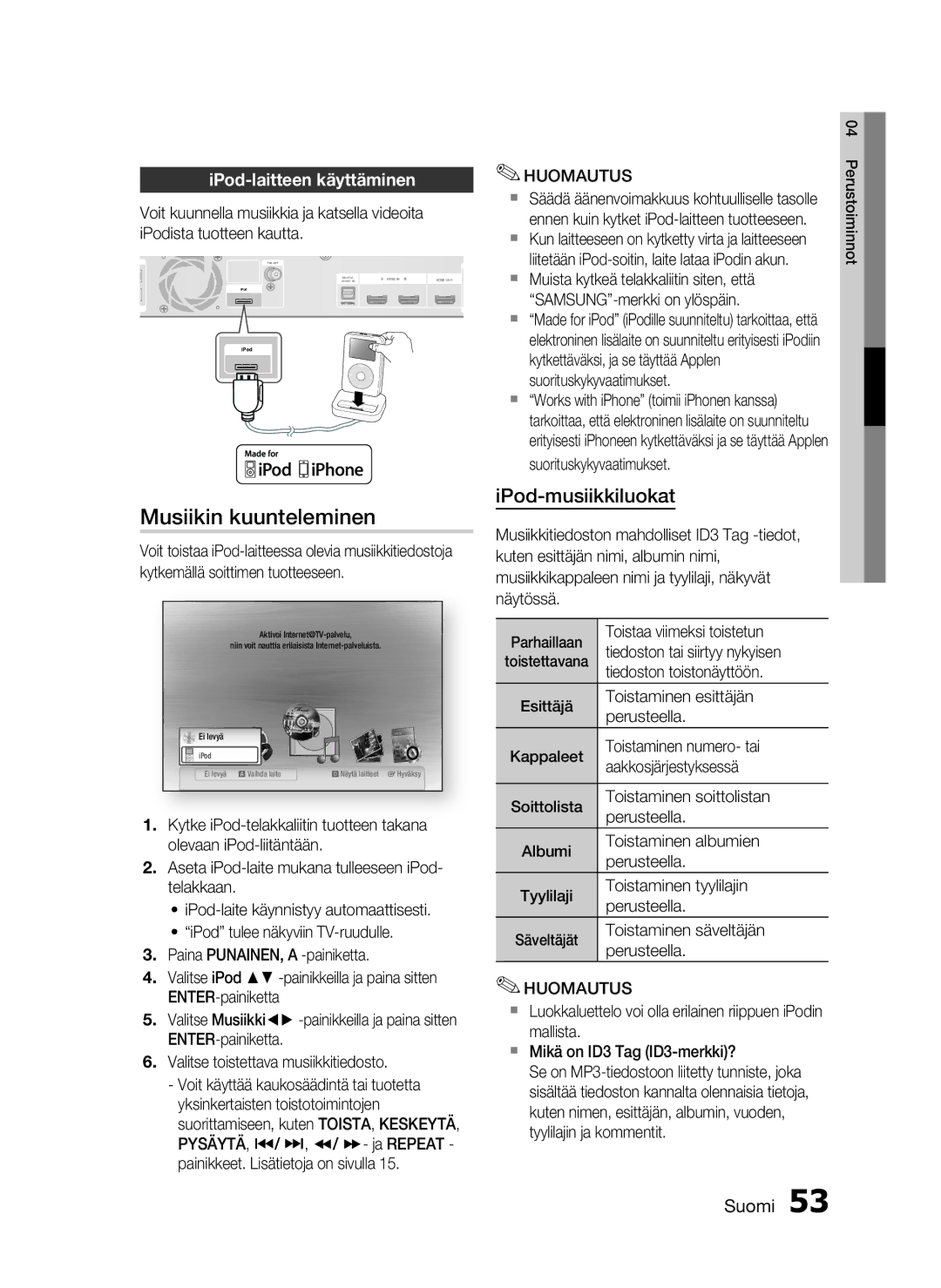 Samsung HT-C5800/XEE manual Musiikin kuunteleminen, IPod-laitteen käyttäminen 