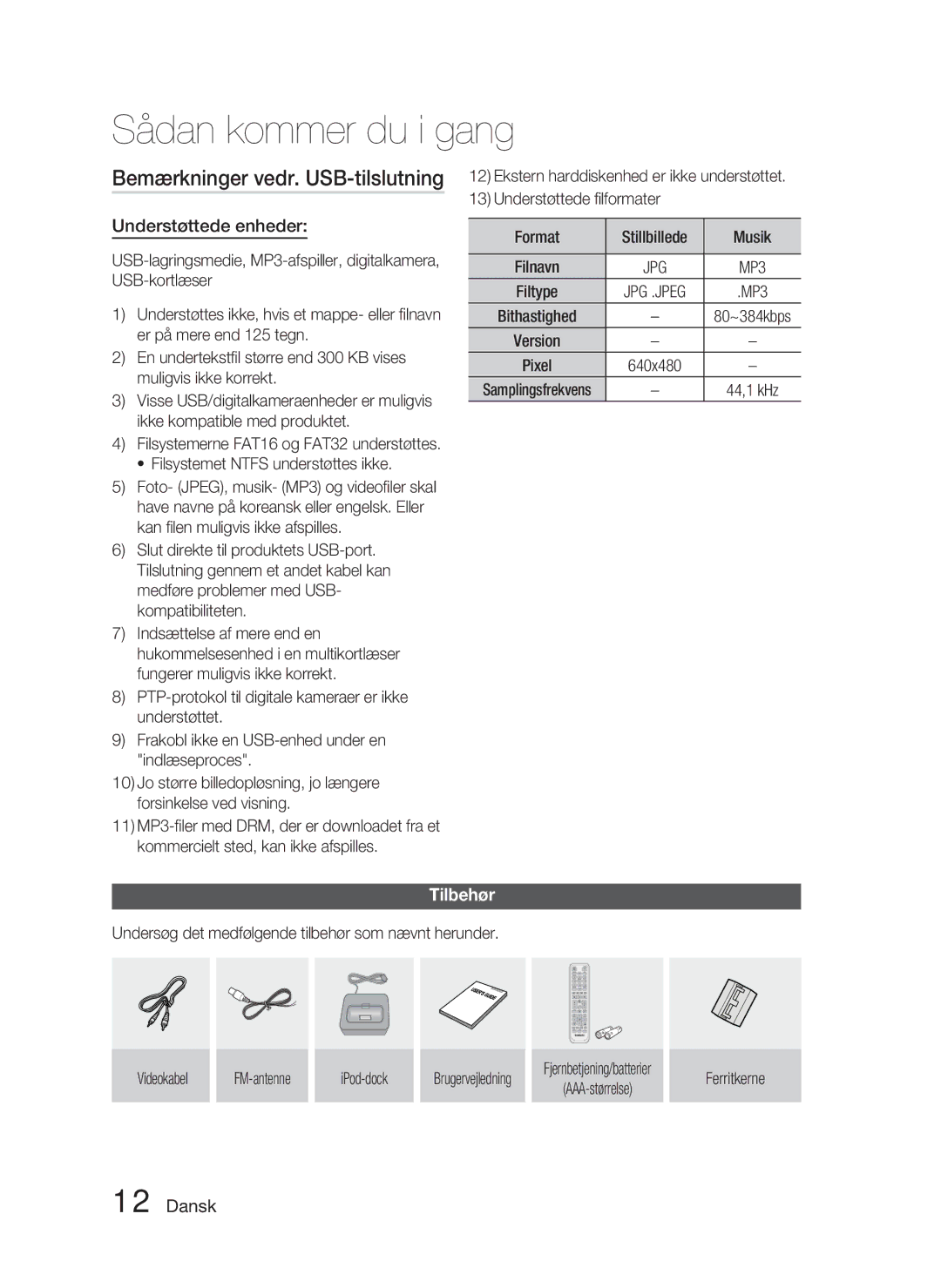 Samsung HT-C5800/XEE manual Bemærkninger vedr. USB-tilslutning, Understøttede enheder, Tilbehør, AAA-størrelse Ferritkerne 