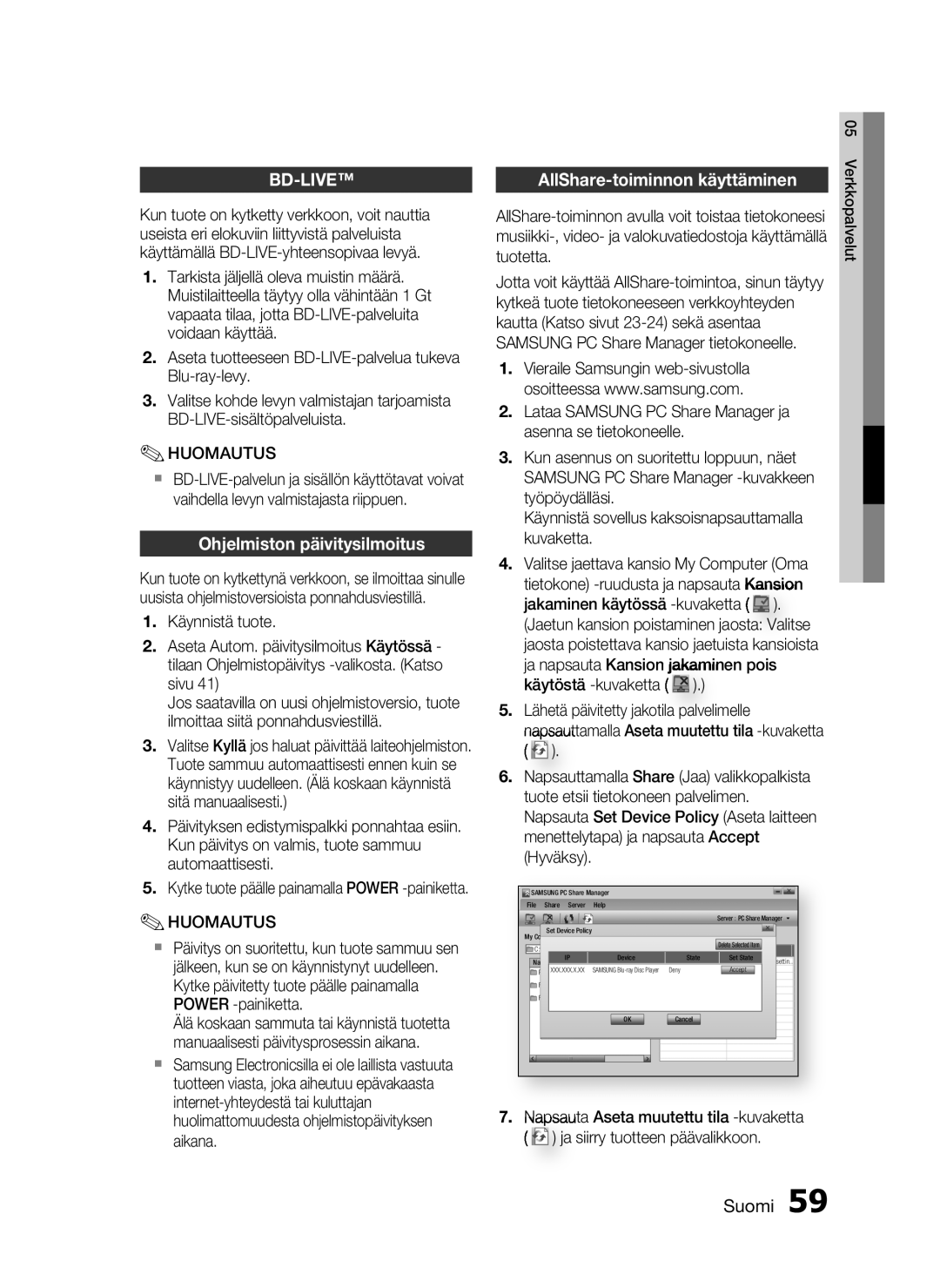 Samsung HT-C5800/XEE manual AllShare-toiminnon käyttäminen, Ohjelmiston päivitysilmoitus 