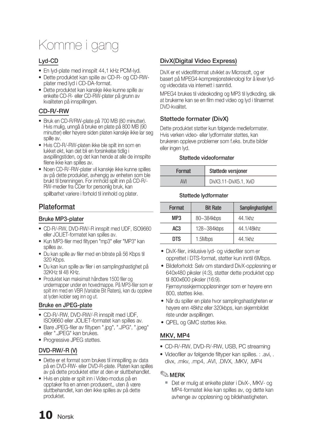 Samsung HT-C5800/XEE manual Plateformat, Lyd-CD, Bruke MP3-plater, Bruke en JPEG-plate, Støttede formater DivX 