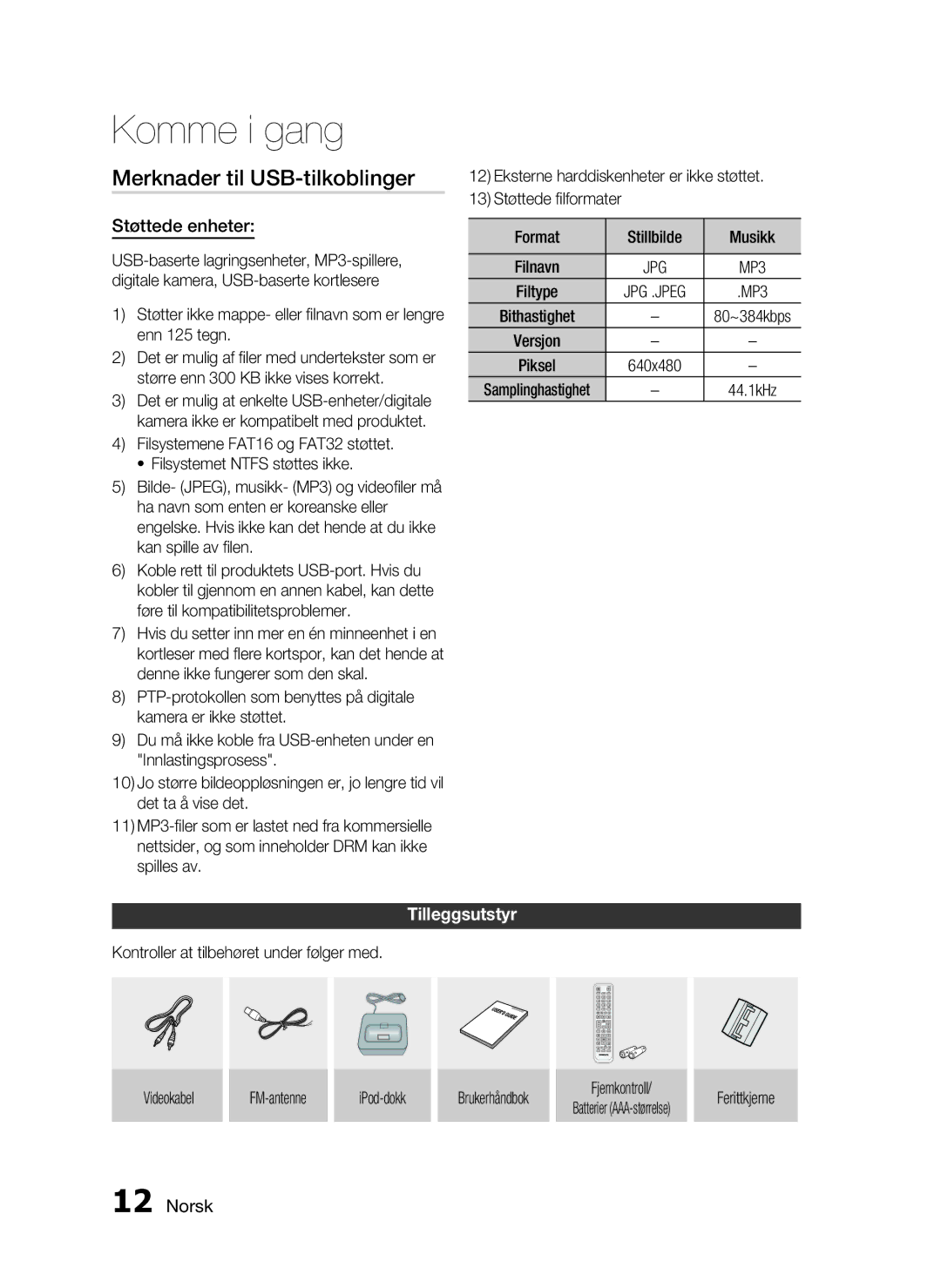 Samsung HT-C5800/XEE manual Merknader til USB-tilkoblinger, Støttede enheter, Tilleggsutstyr, Ferittkjerne 