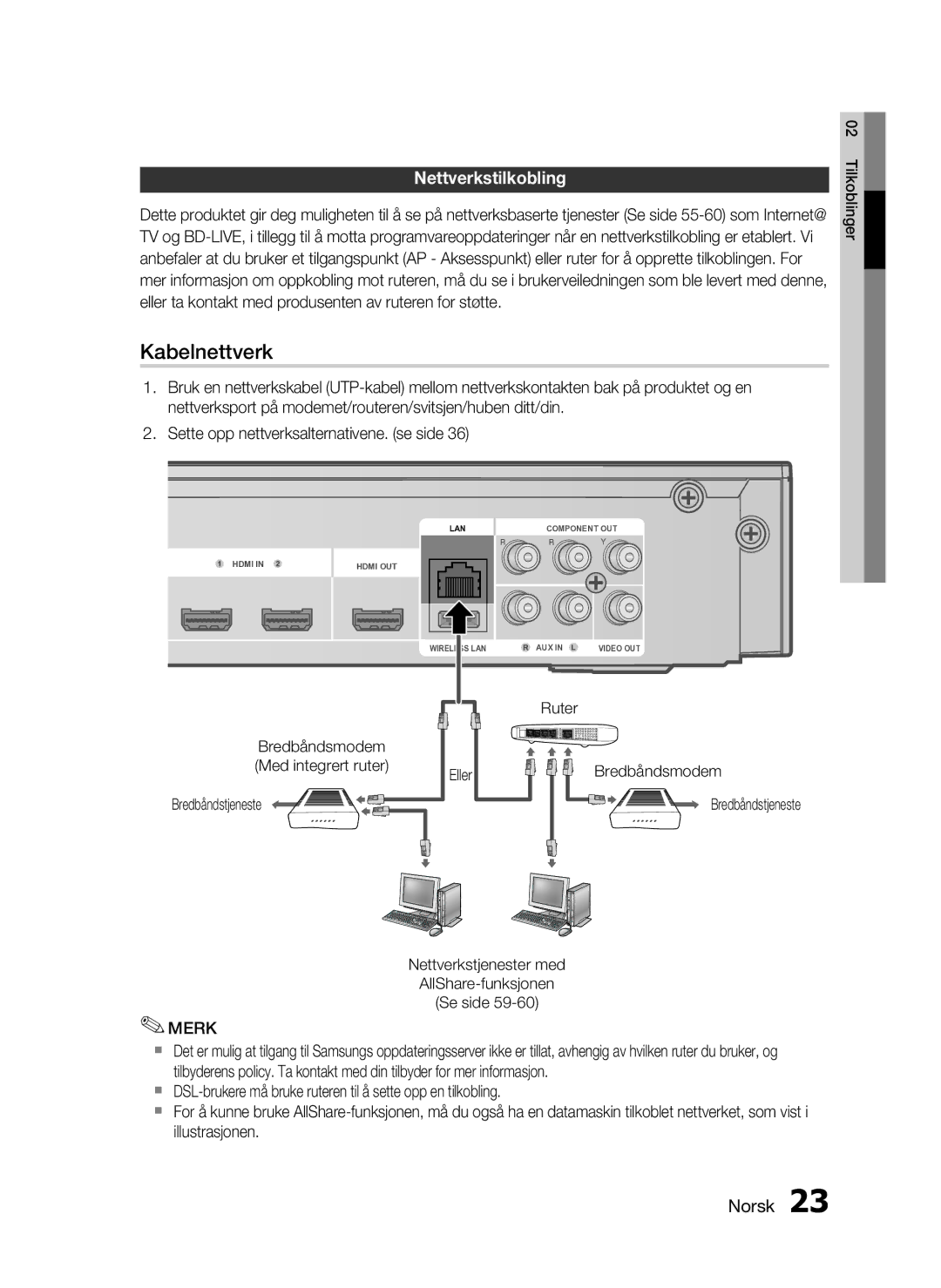 Samsung HT-C5800/XEE manual Nettverkstilkobling, Bredbåndstjeneste, Eller, Bredbåndsmodem Med integrert ruter 