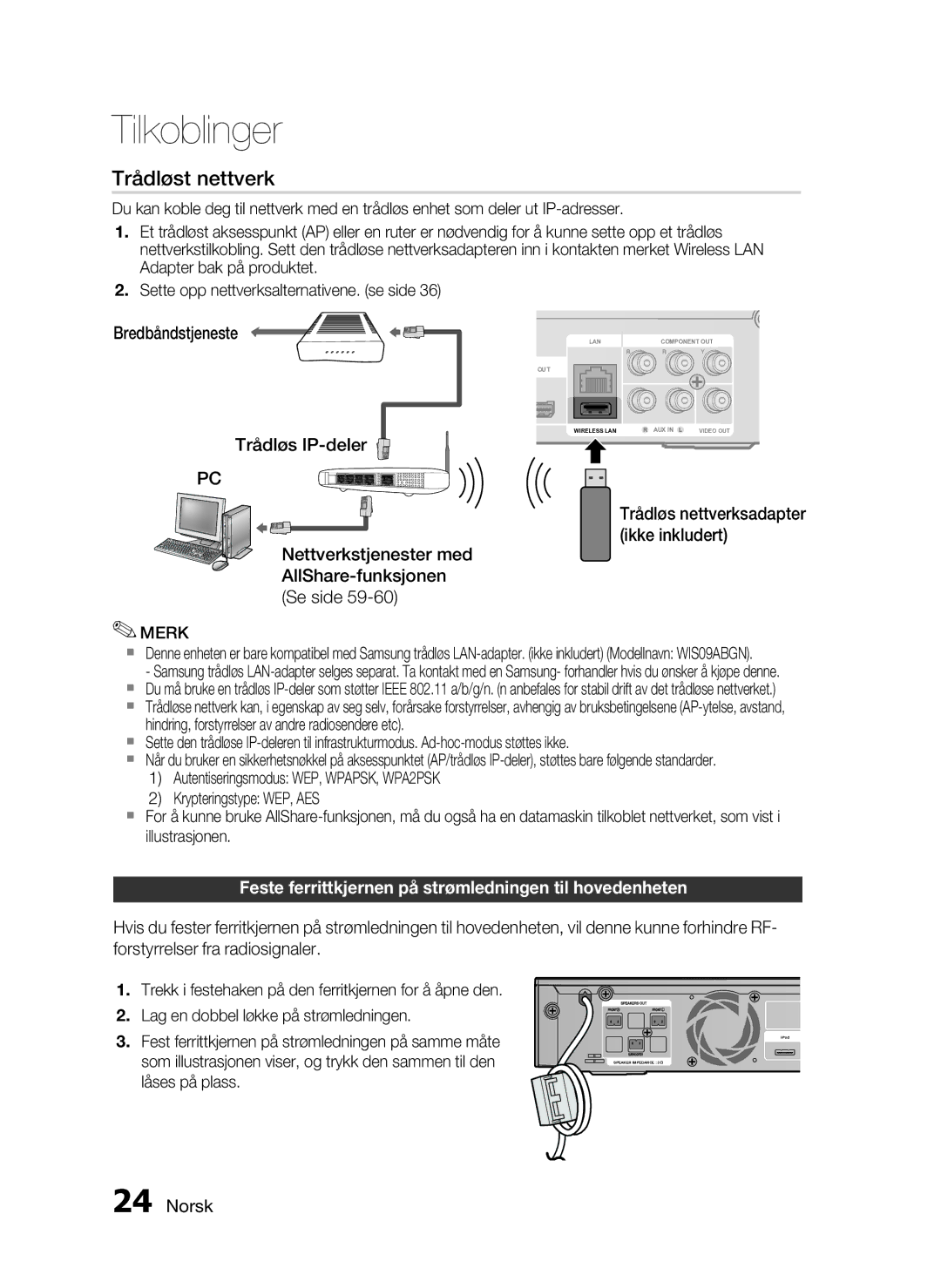 Samsung HT-C5800/XEE manual Bredbåndstjeneste Trådløs IP-deler, Nettverkstjenester med AllShare-funksjonen Se side 