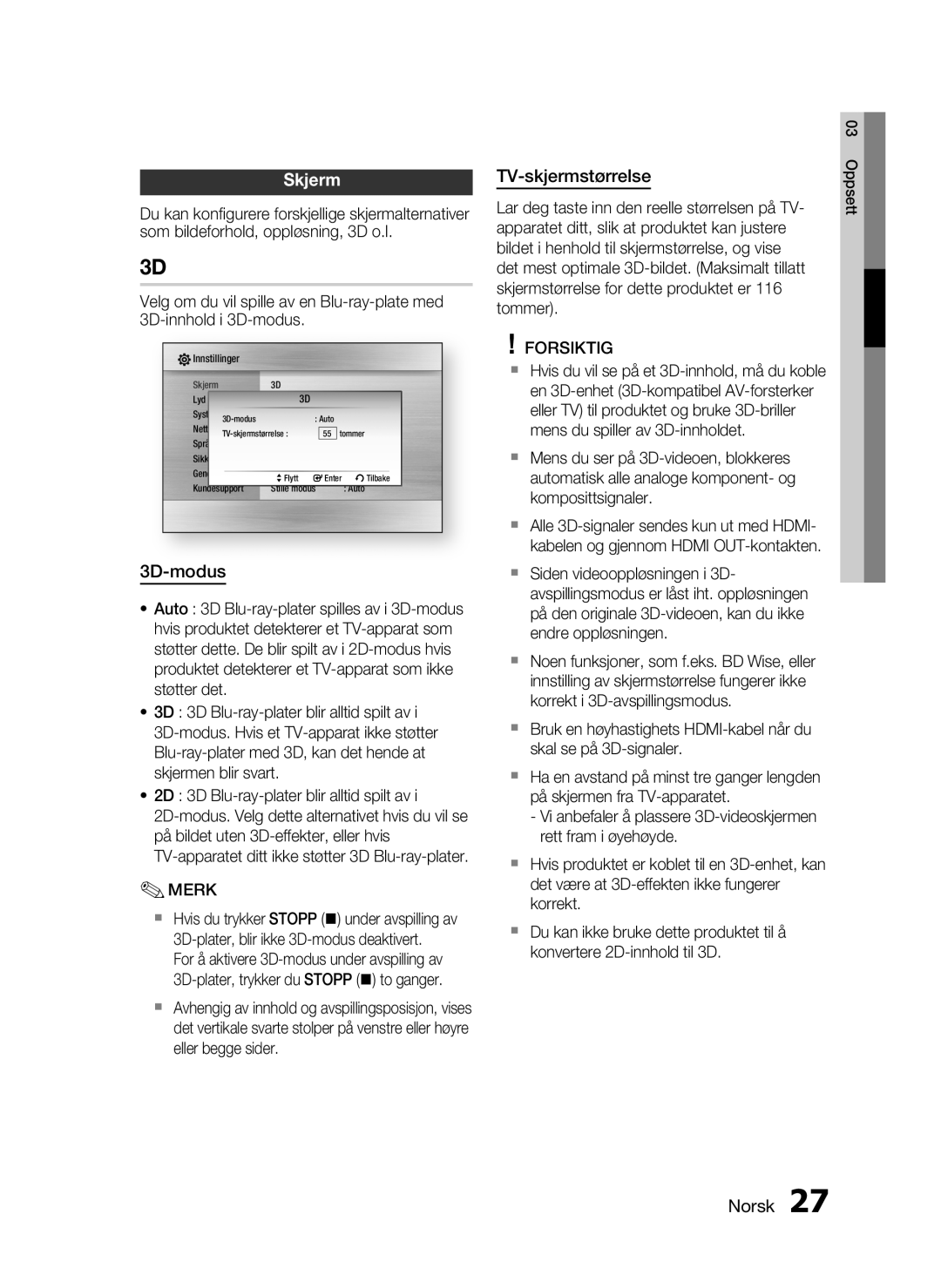 Samsung HT-C5800/XEE manual Skjerm, 3D-modus, TV-skjermstørrelse 