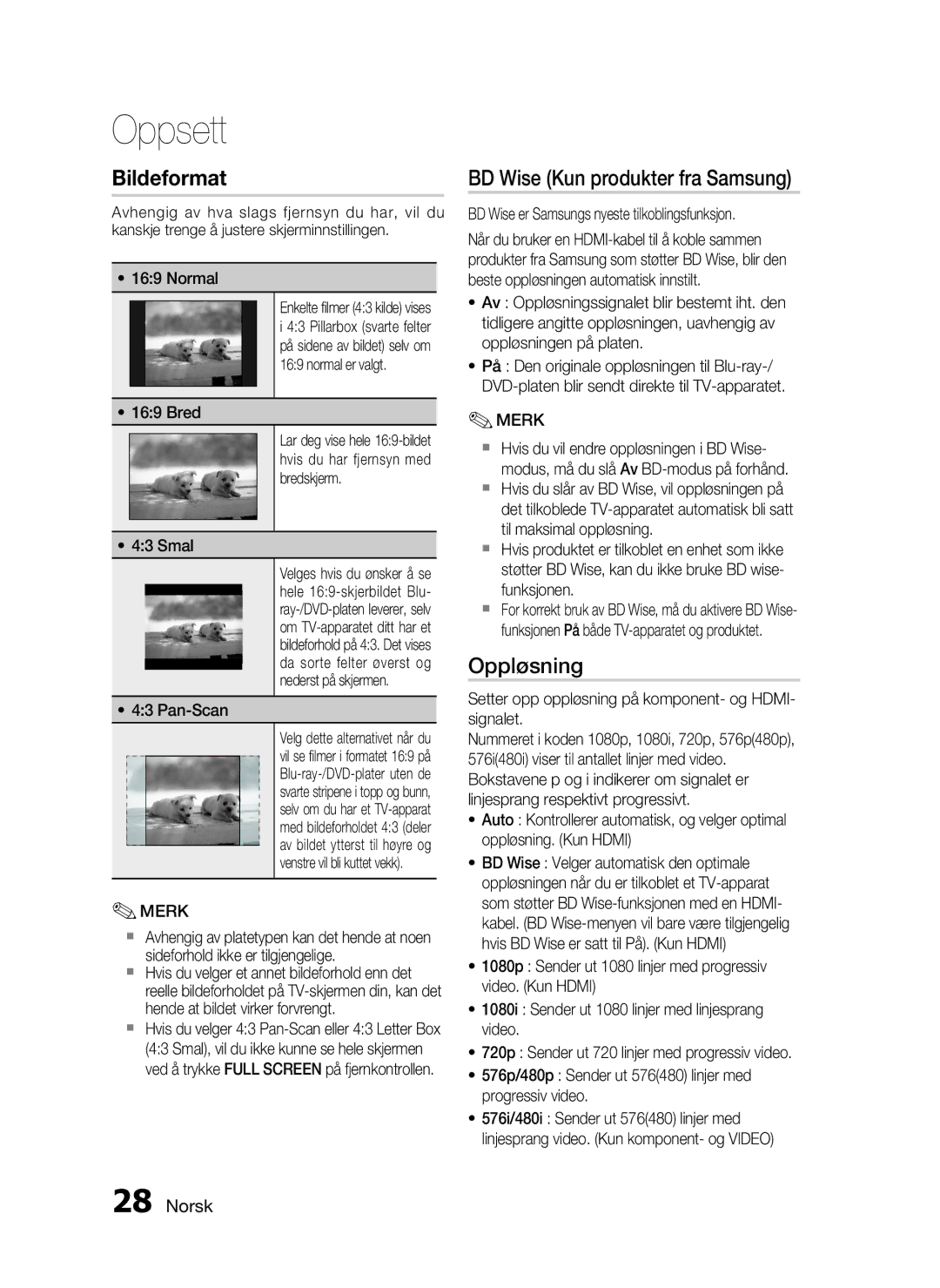 Samsung HT-C5800/XEE manual BD Wise Kun produkter fra Samsung, Oppløsning, Bred, Smal 