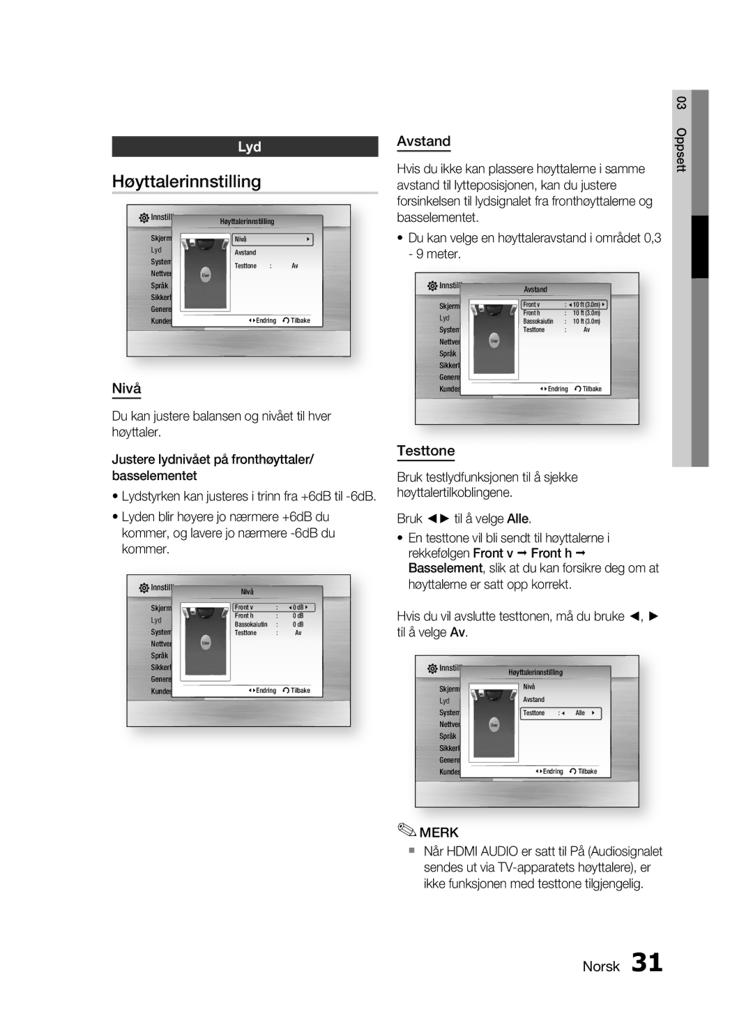 Samsung HT-C5800/XEE manual Høyttalerinnstilling, Nivå, Avstand, Testtone 