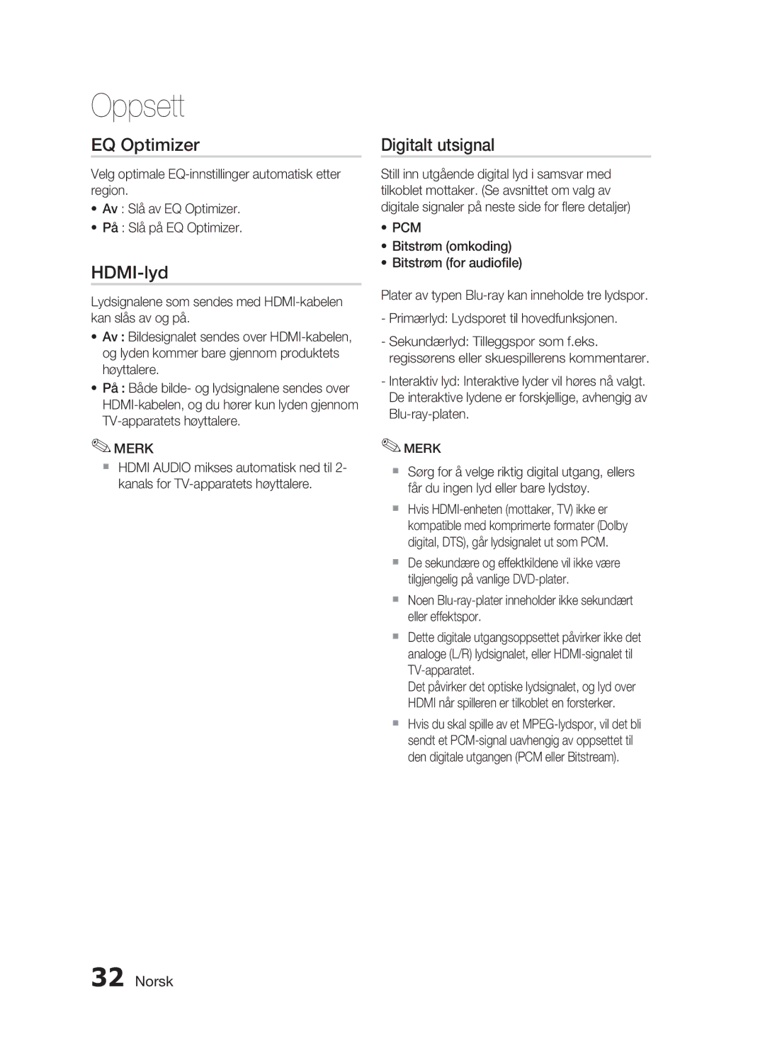 Samsung HT-C5800/XEE manual EQ Optimizer, HDMI-lyd, Digitalt utsignal 