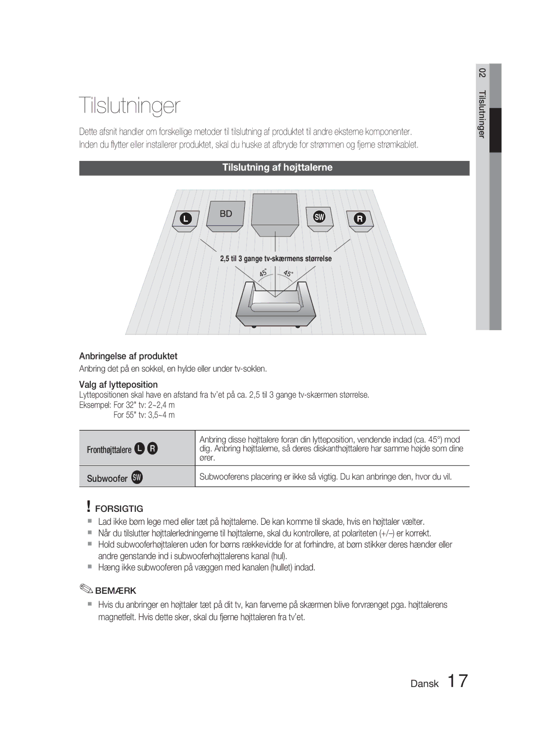 Samsung HT-C5800/XEE manual Tilslutninger, Tilslutning af højttalerne 