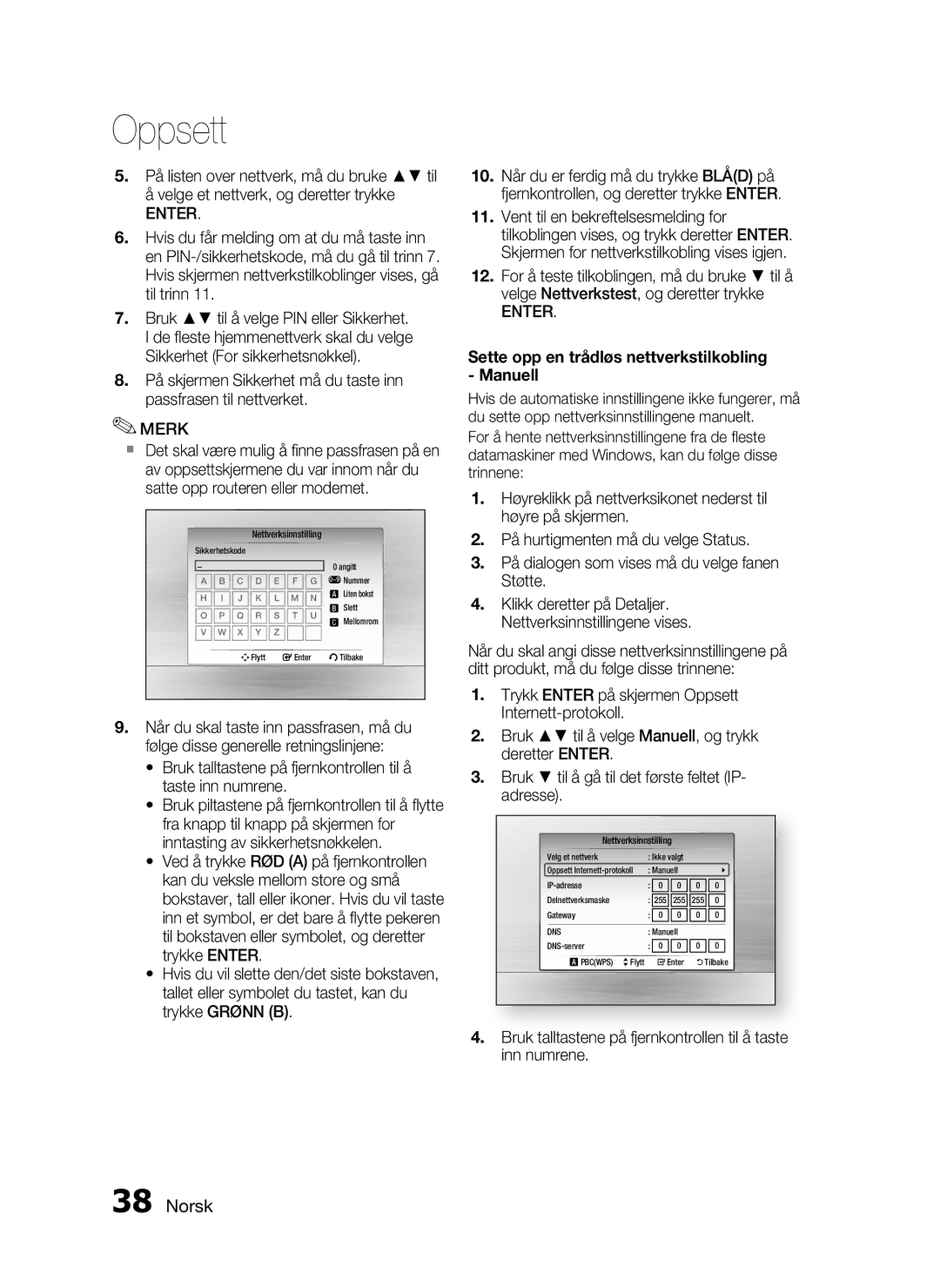 Samsung HT-C5800/XEE manual Sette opp en trådløs nettverkstilkobling Manuell 