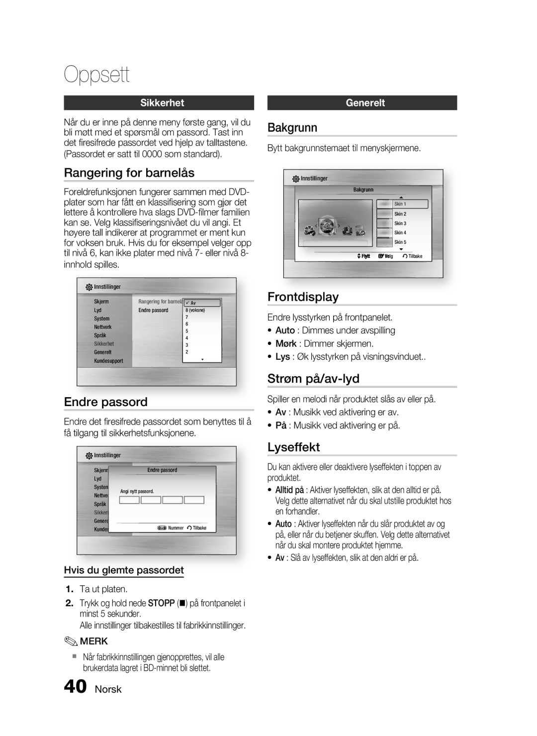 Samsung HT-C5800/XEE manual Rangering for barnelås, Frontdisplay, Endre passord, Strøm på/av-lyd, Lyseffekt 