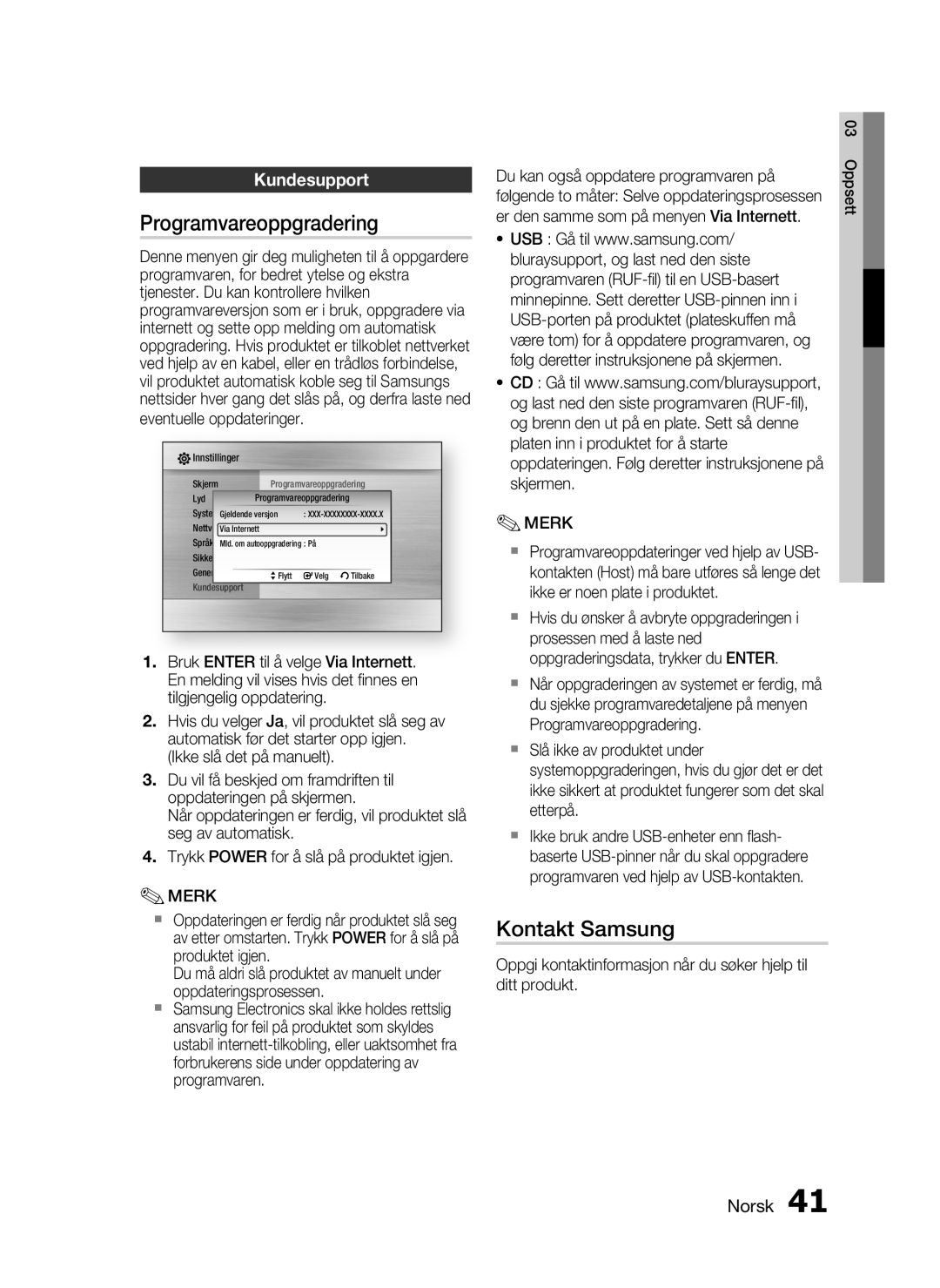 Samsung HT-C5800/XEE manual Programvareoppgradering, Kontakt Samsung, Kundesupport 