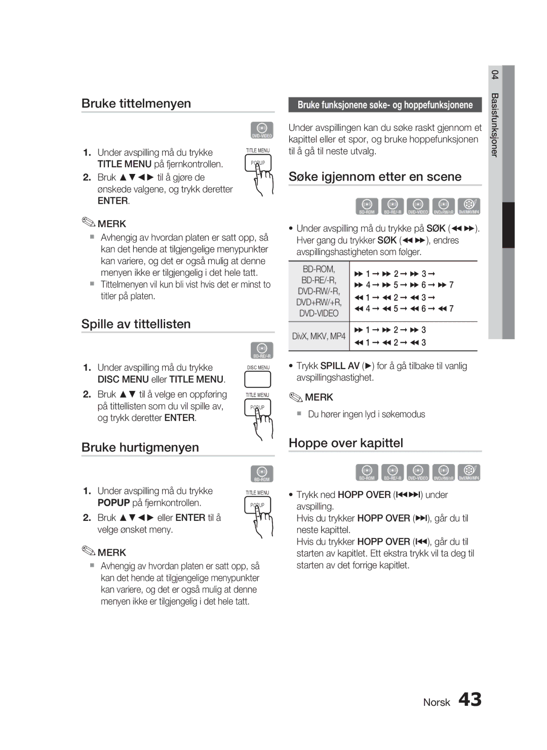 Samsung HT-C5800/XEE manual Bruke tittelmenyen, Spille av tittellisten, Bruke hurtigmenyen, Hoppe over kapittel, Bd-Rom 