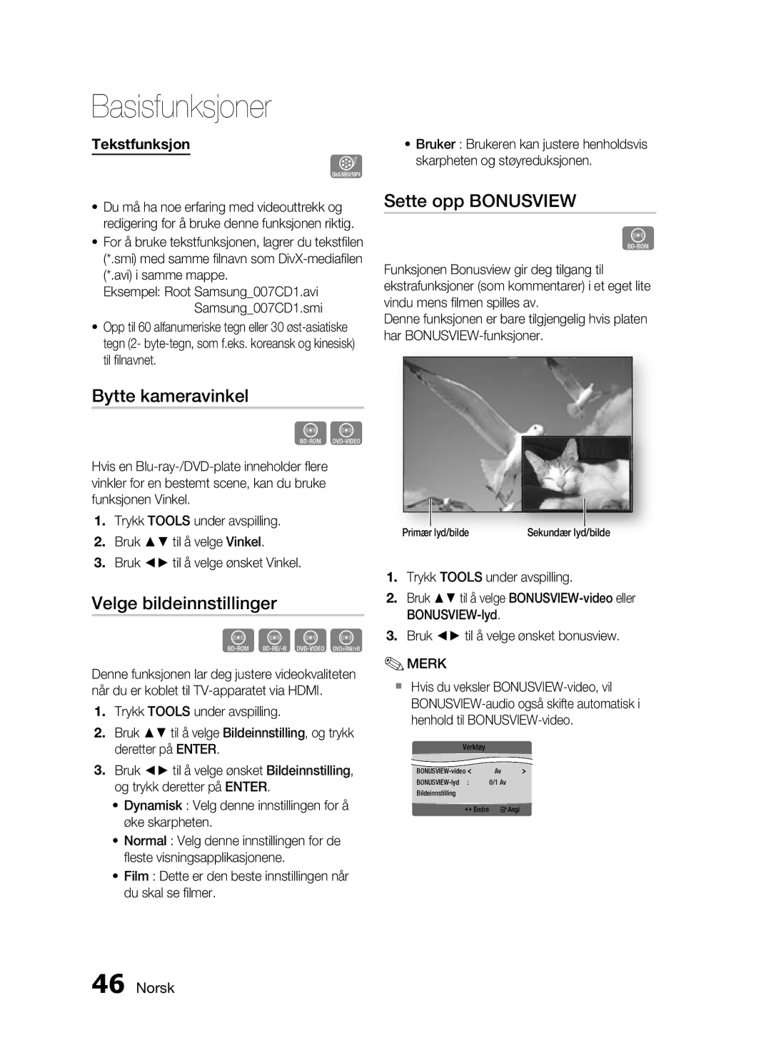 Samsung HT-C5800/XEE manual Bytte kameravinkel, Velge bildeinnstillinger, Sette opp Bonusview, Primær lyd/bilde 