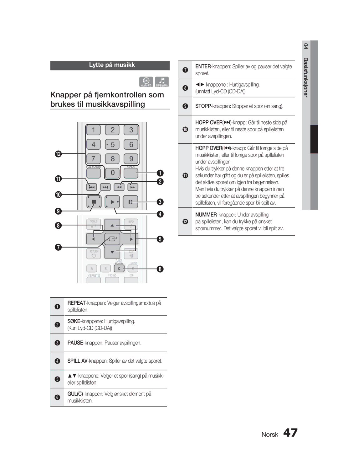 Samsung HT-C5800/XEE manual Knapper på fjernkontrollen som brukes til musikkavspilling, Lytte på musikk 