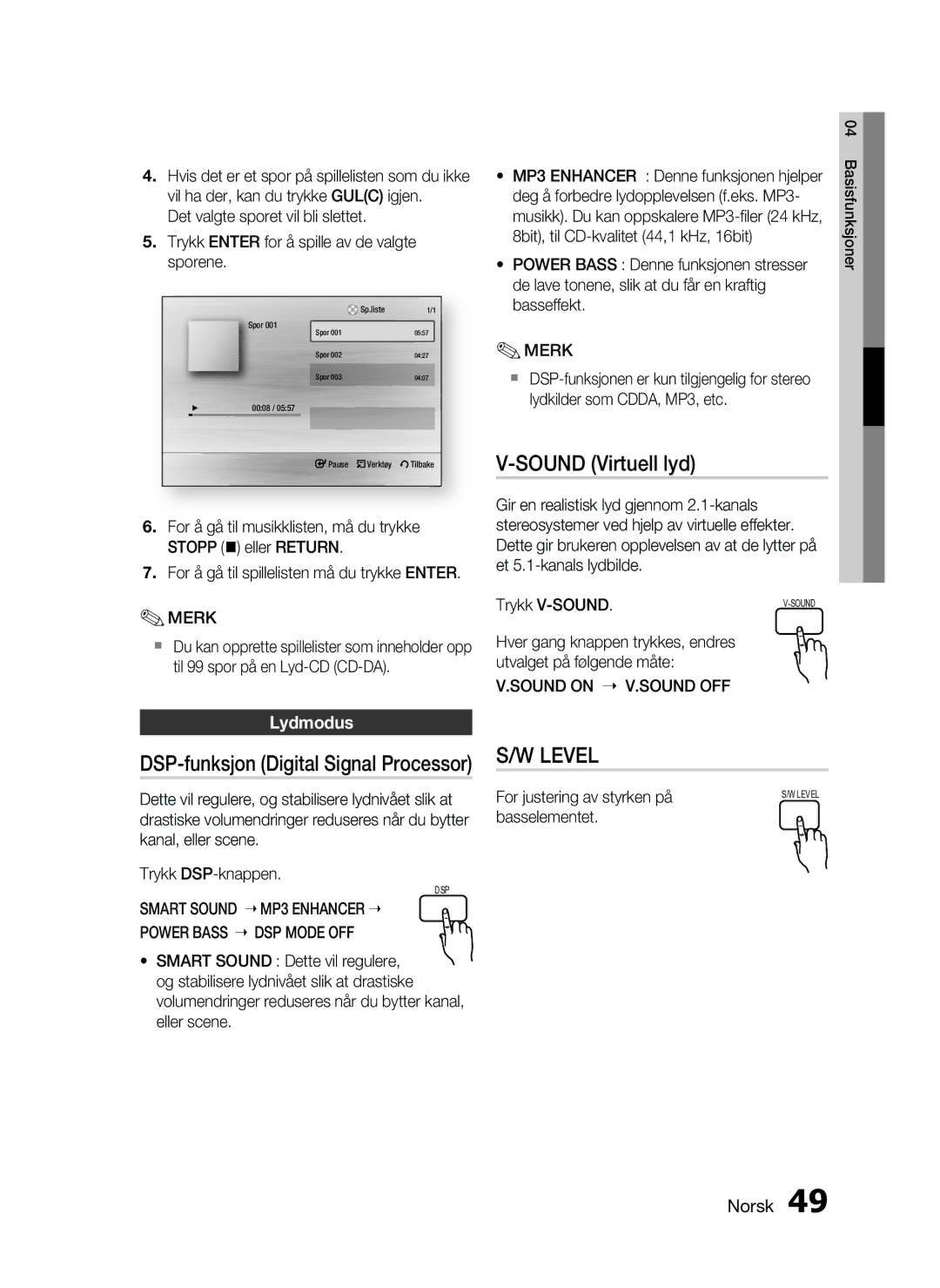 Samsung HT-C5800/XEE manual Sound Virtuell lyd, DSP-funksjon Digital Signal Processor, Lydmodus, Sound on V.SOUND OFF 