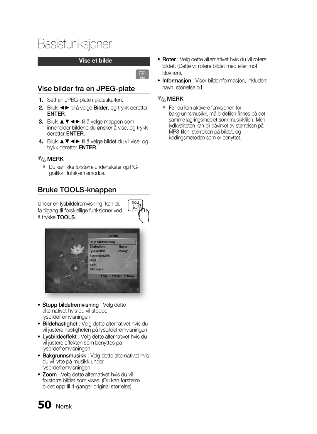 Samsung HT-C5800/XEE manual Vise bilder fra en JPEG-plate, Bruke TOOLS-knappen, Vise et bilde 