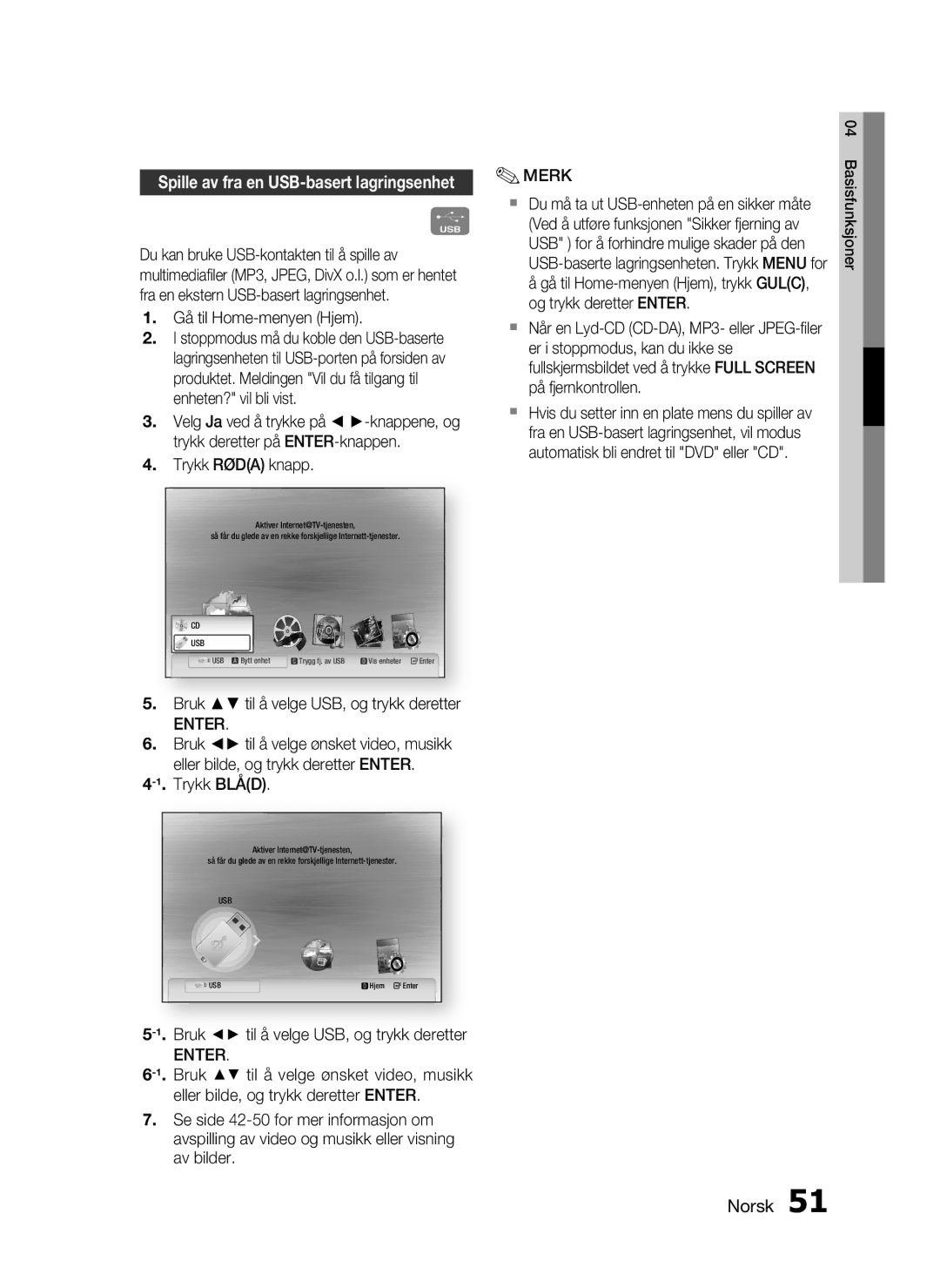 Samsung HT-C5800/XEE manual Gå til Home-menyen Hjem, Bruk til å velge USB, og trykk deretter 